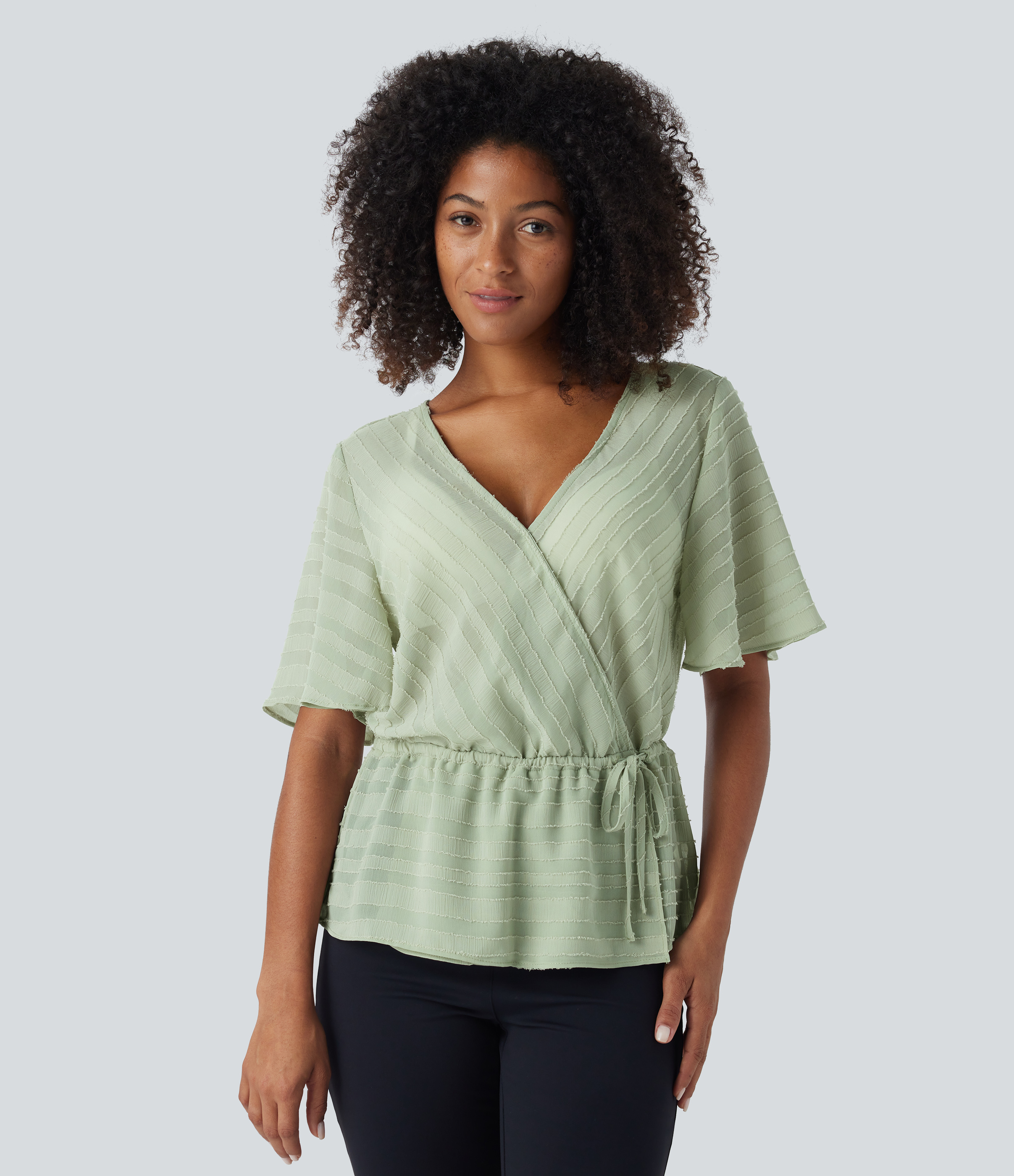 Halara Surplice Neck Wrap Drawstring Jacquard Work Peplum Blouse  - Fog Green - XL 
