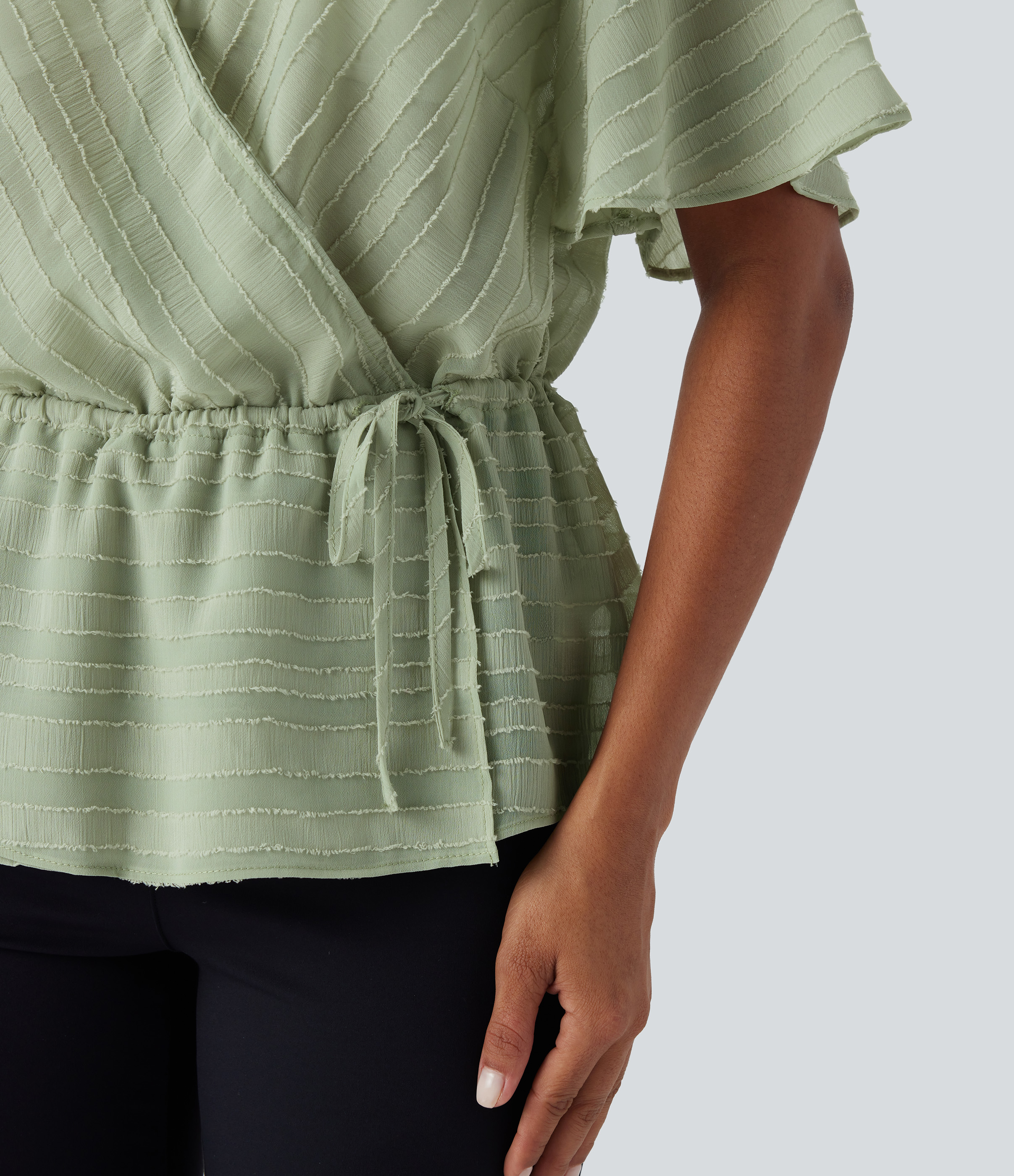 Halara Surplice Neck Wrap Drawstring Jacquard Work Peplum Blouse  - Fog Green - XL 