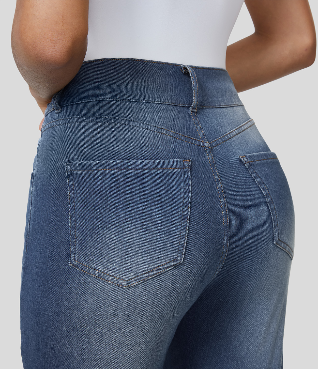 

Halara HalaraMagicв„ў High Waisted Multiple Pockets Washed Stretchy Knit Casual Tapered Jeans - Bleached Blue Denim