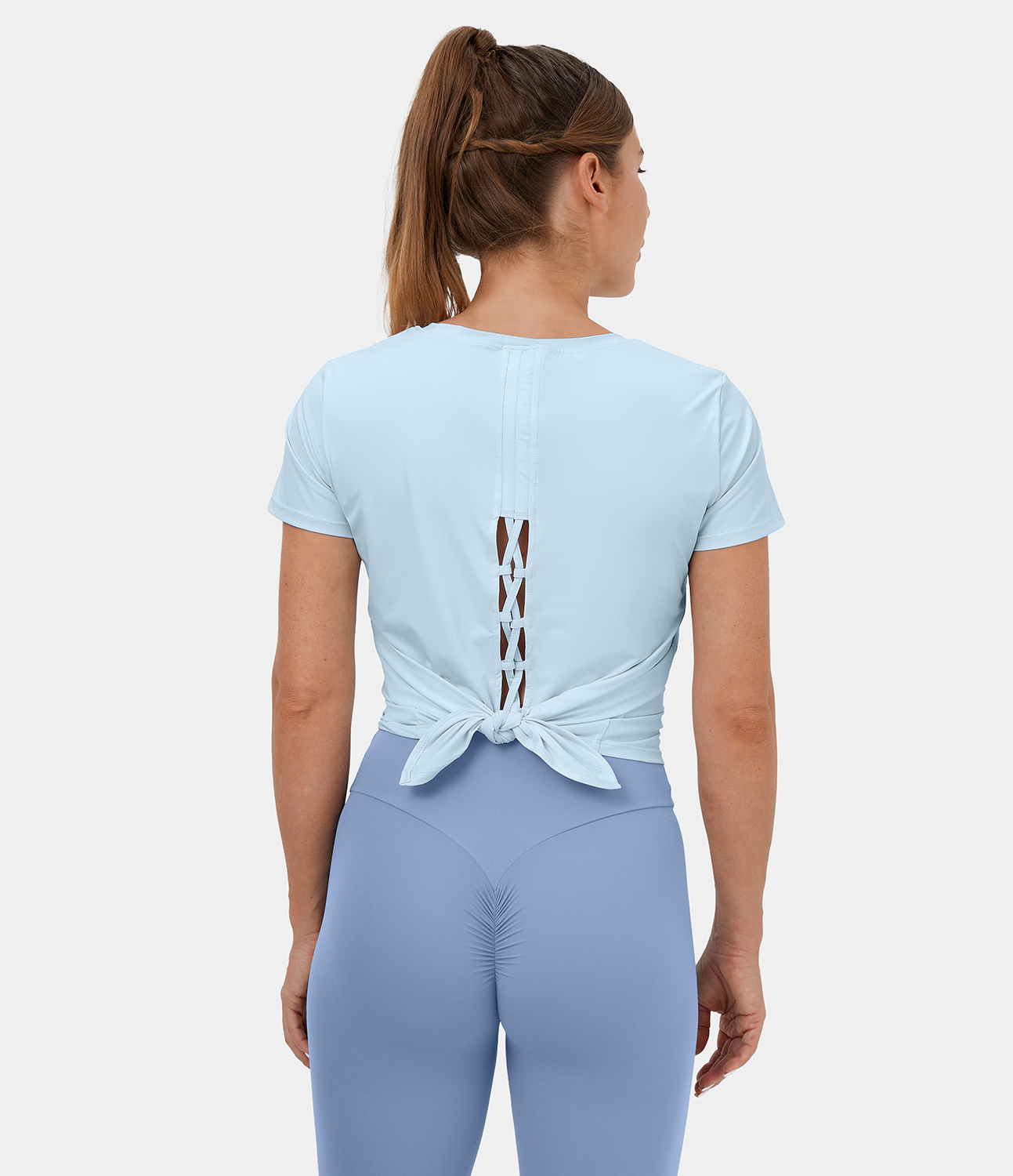 Halara Round Neck Short Sleeve Crisscross Split Tie Back Yoga Sports Top  - Saltwater Slide - XL 