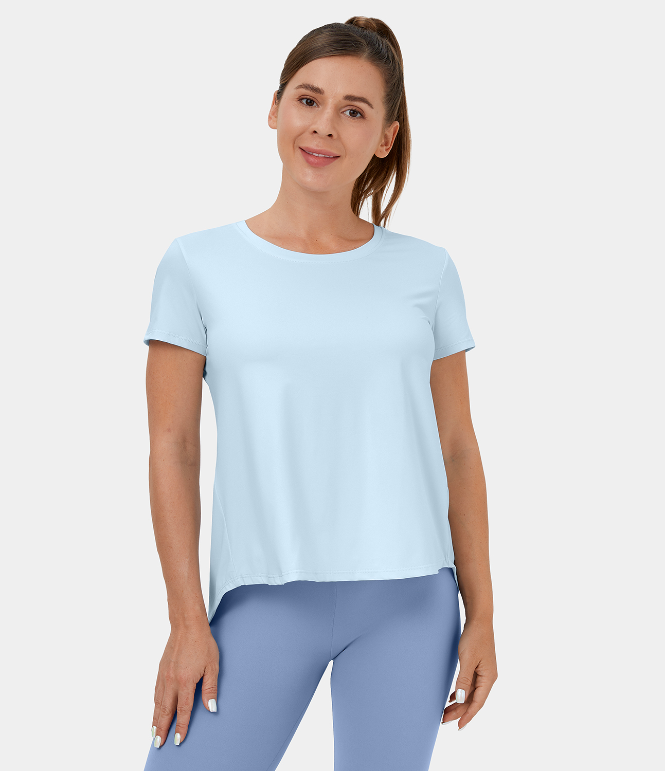 Halara Round Neck Short Sleeve Crisscross Split Tie Back Yoga Sports Top  - Saltwater Slide - XL 