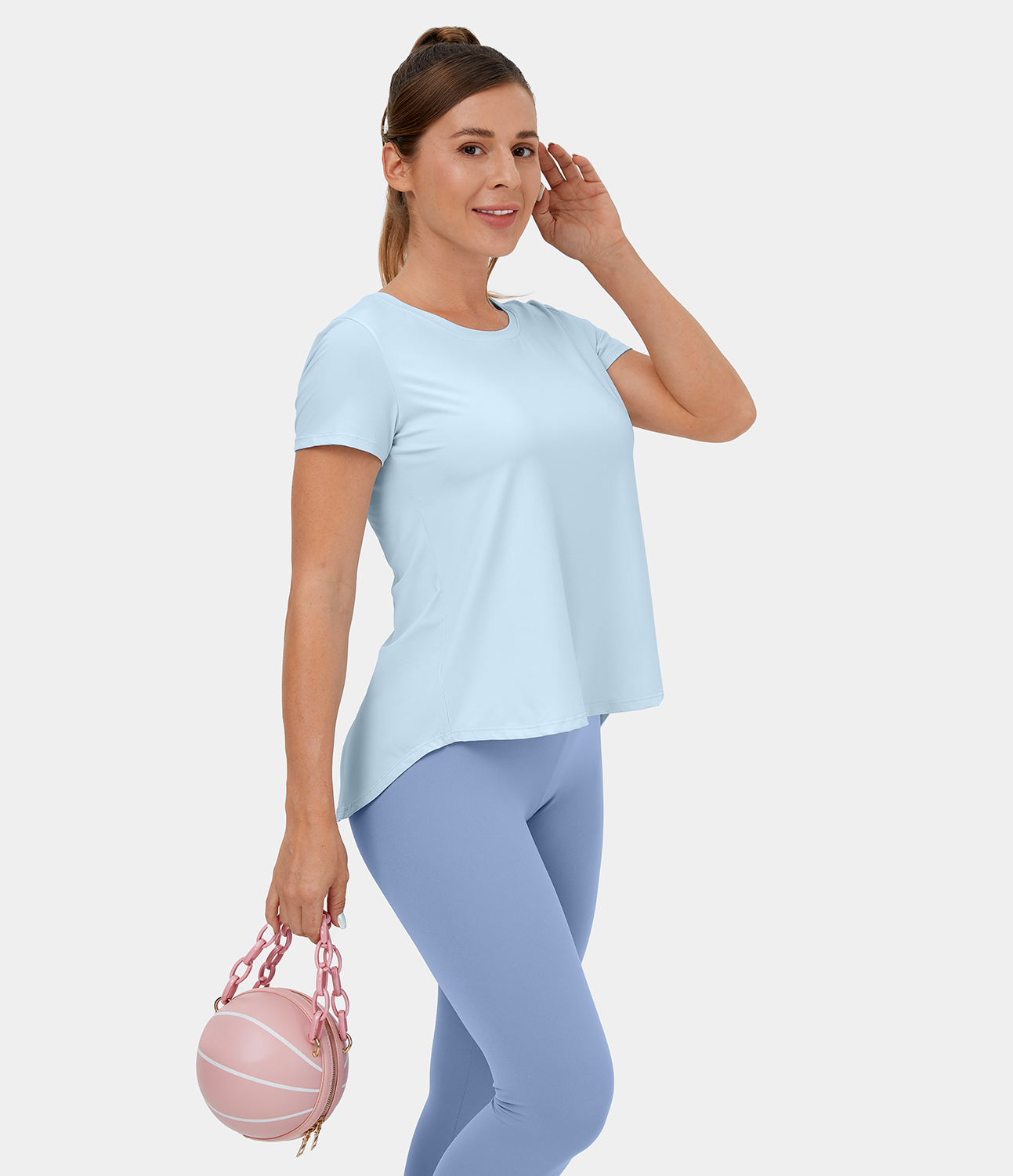 Halara Round Neck Short Sleeve Crisscross Split Tie Back Yoga Sports Top  - Saltwater Slide - XL 
