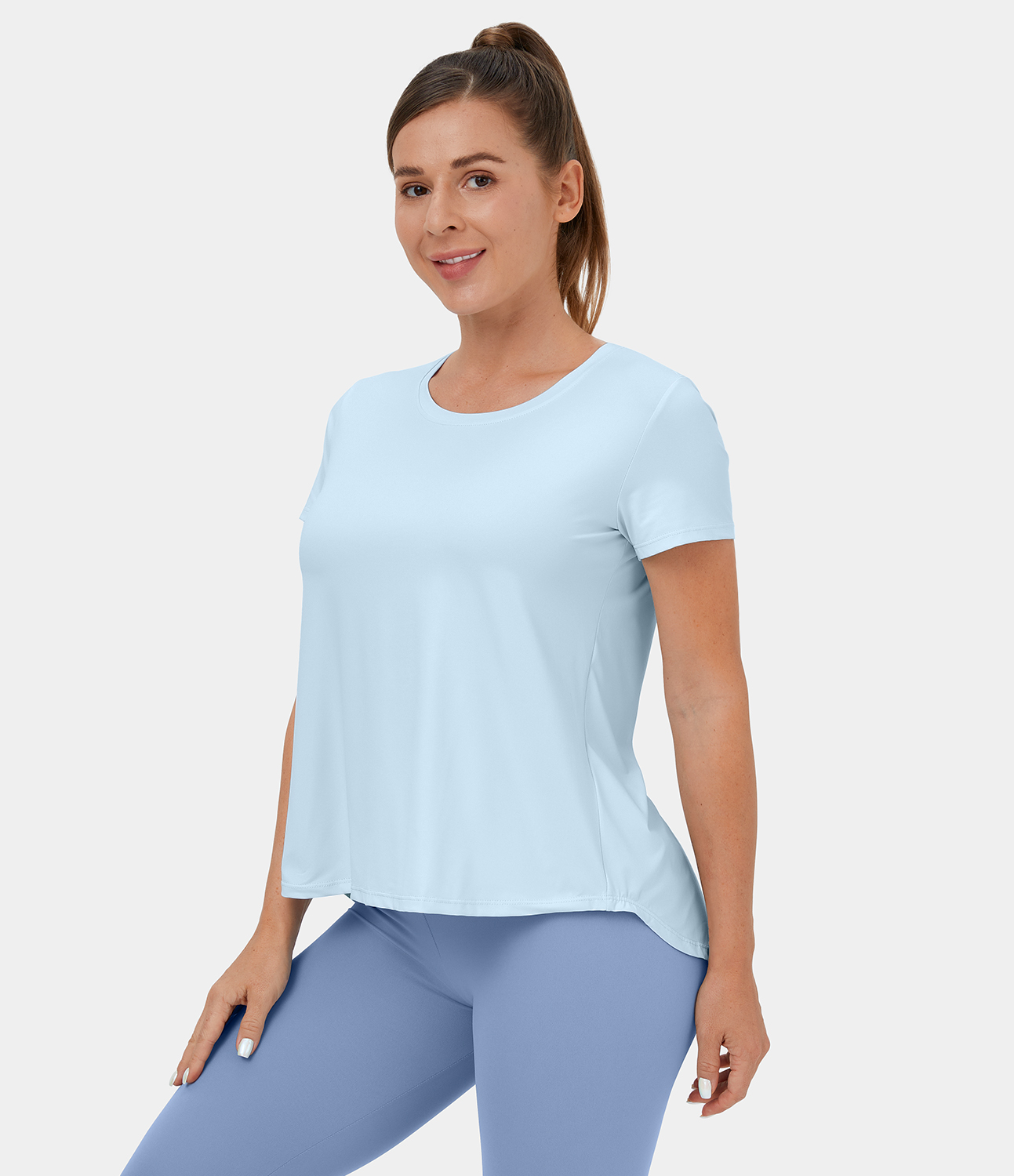 Halara Round Neck Short Sleeve Crisscross Split Tie Back Yoga Sports Top  - Saltwater Slide - XL 