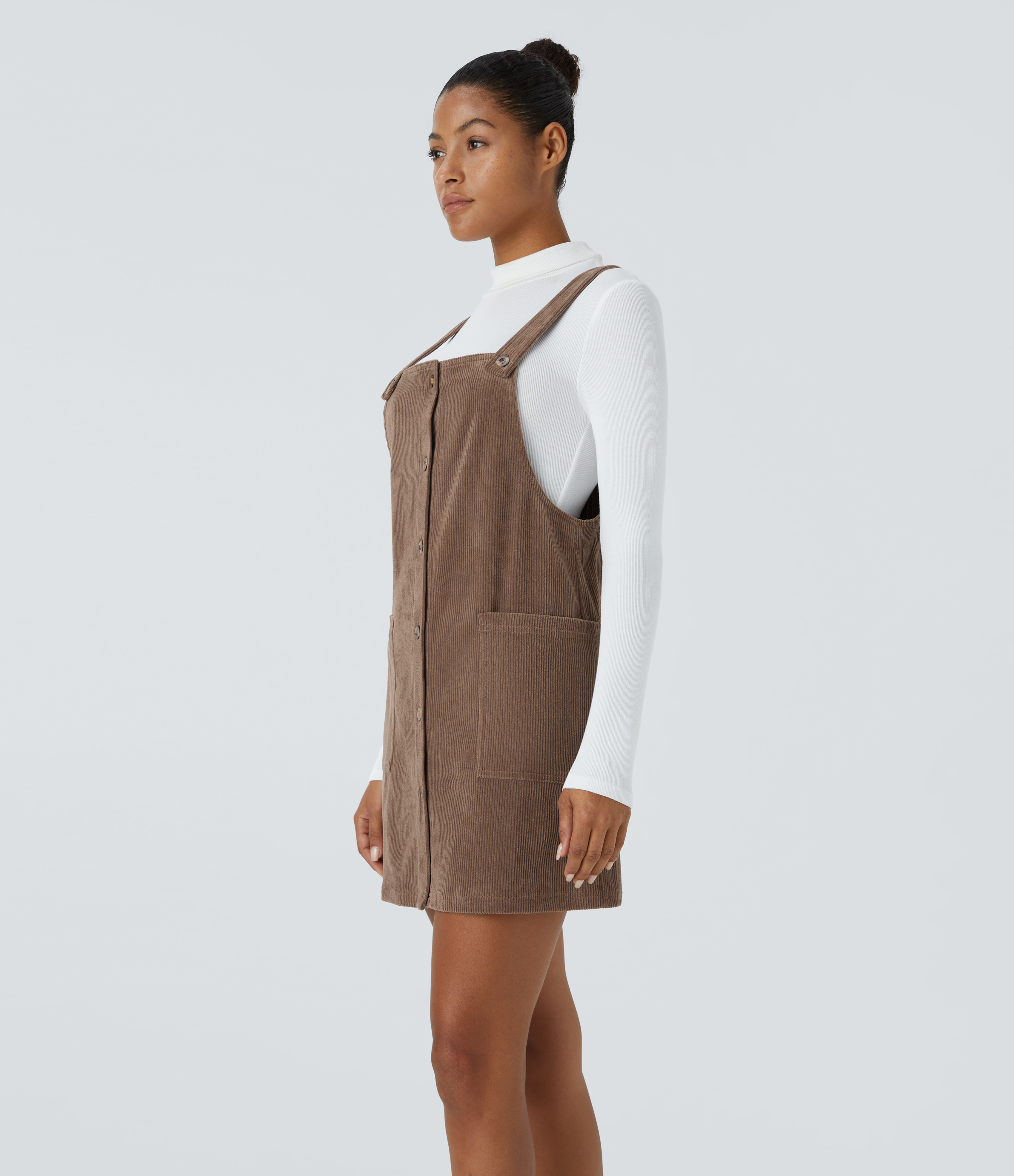 Halara Adjustable Strap Button Side Pocket Corduroy Mini Casual Jumper Dress Casual Dress - Acorn - XS slip dress beach dress ruched dress 