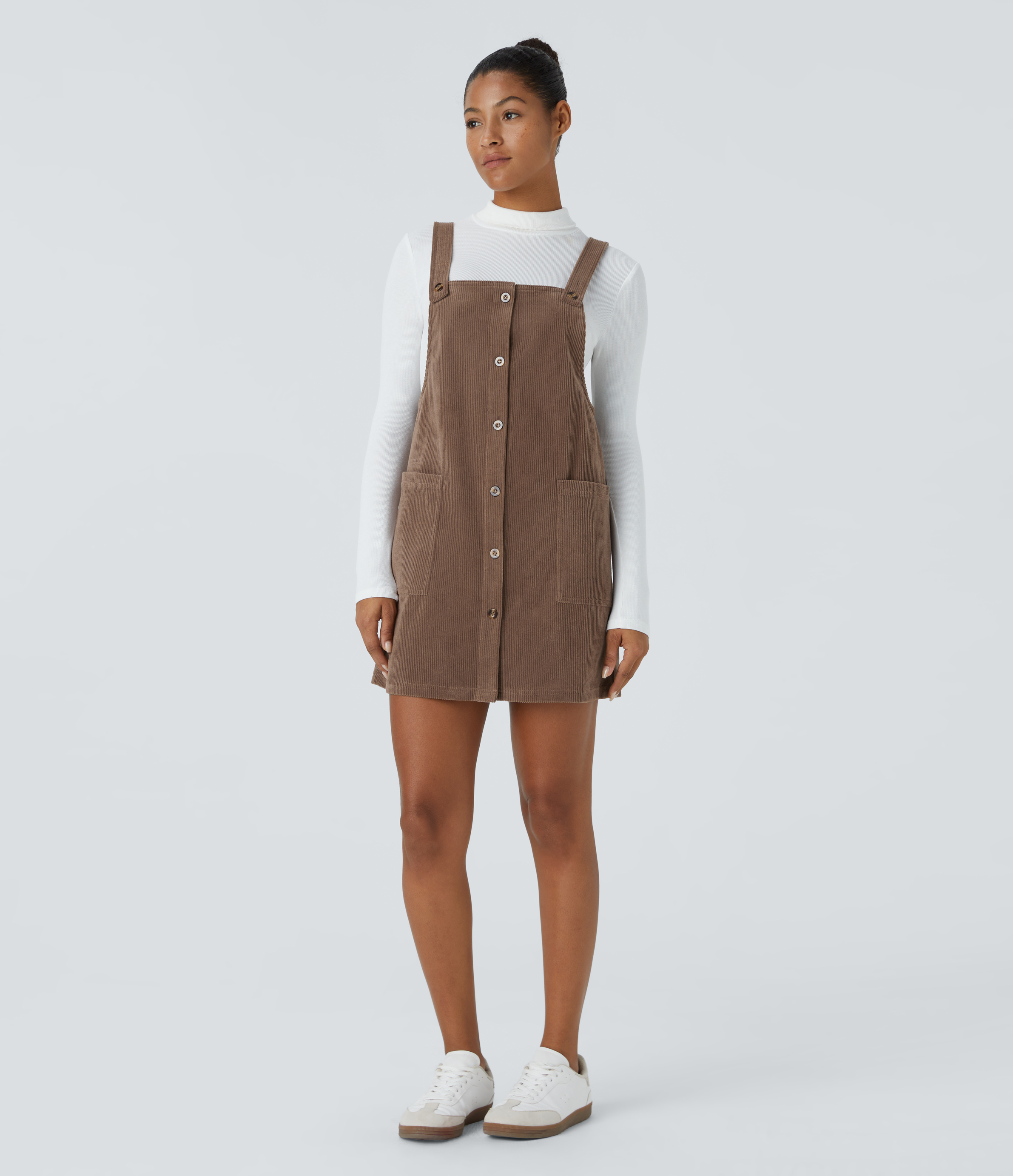 Halara Adjustable Strap Button Side Pocket Corduroy Mini Casual Jumper Dress Casual Dress - Acorn - XS slip dress beach dress ruched dress 