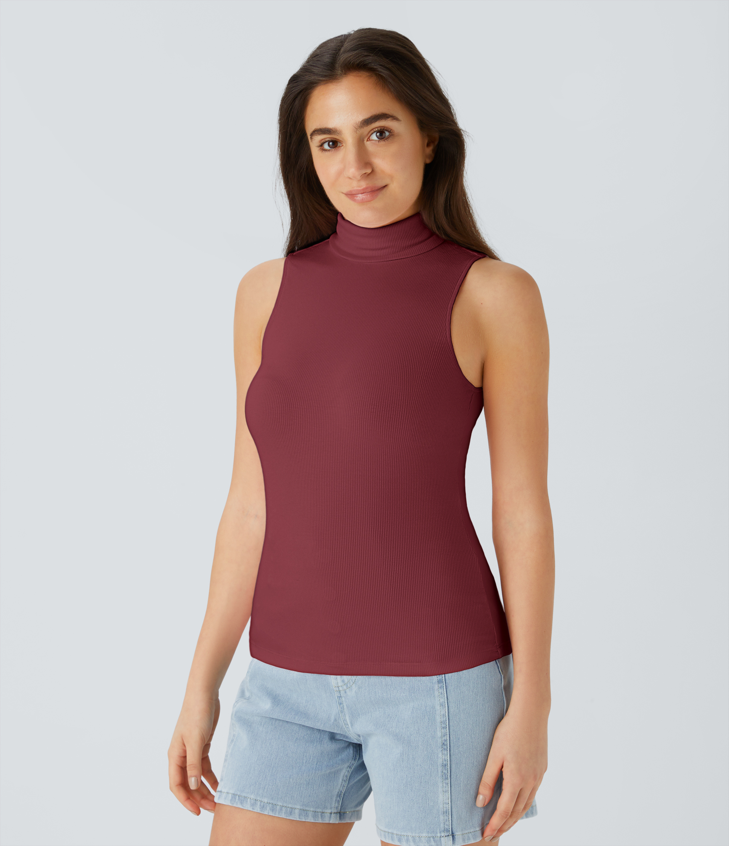 Halara Ribbed Knit High Collar Sleeveless Casual T-Shirt  - Ruby Wine - M 