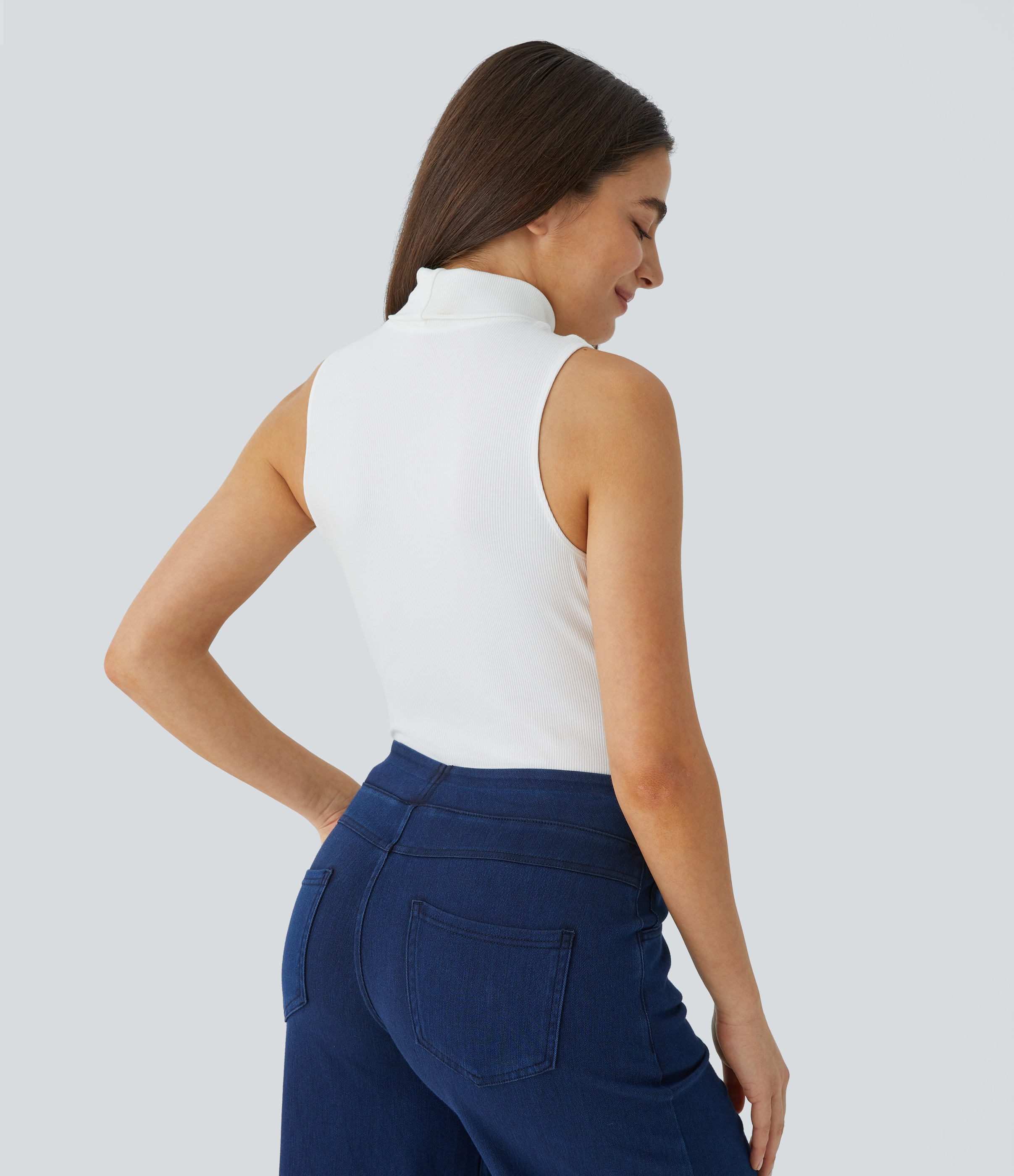 Halara Ribbed Knit High Collar Sleeveless Casual T-Shirt  - White - XL 
