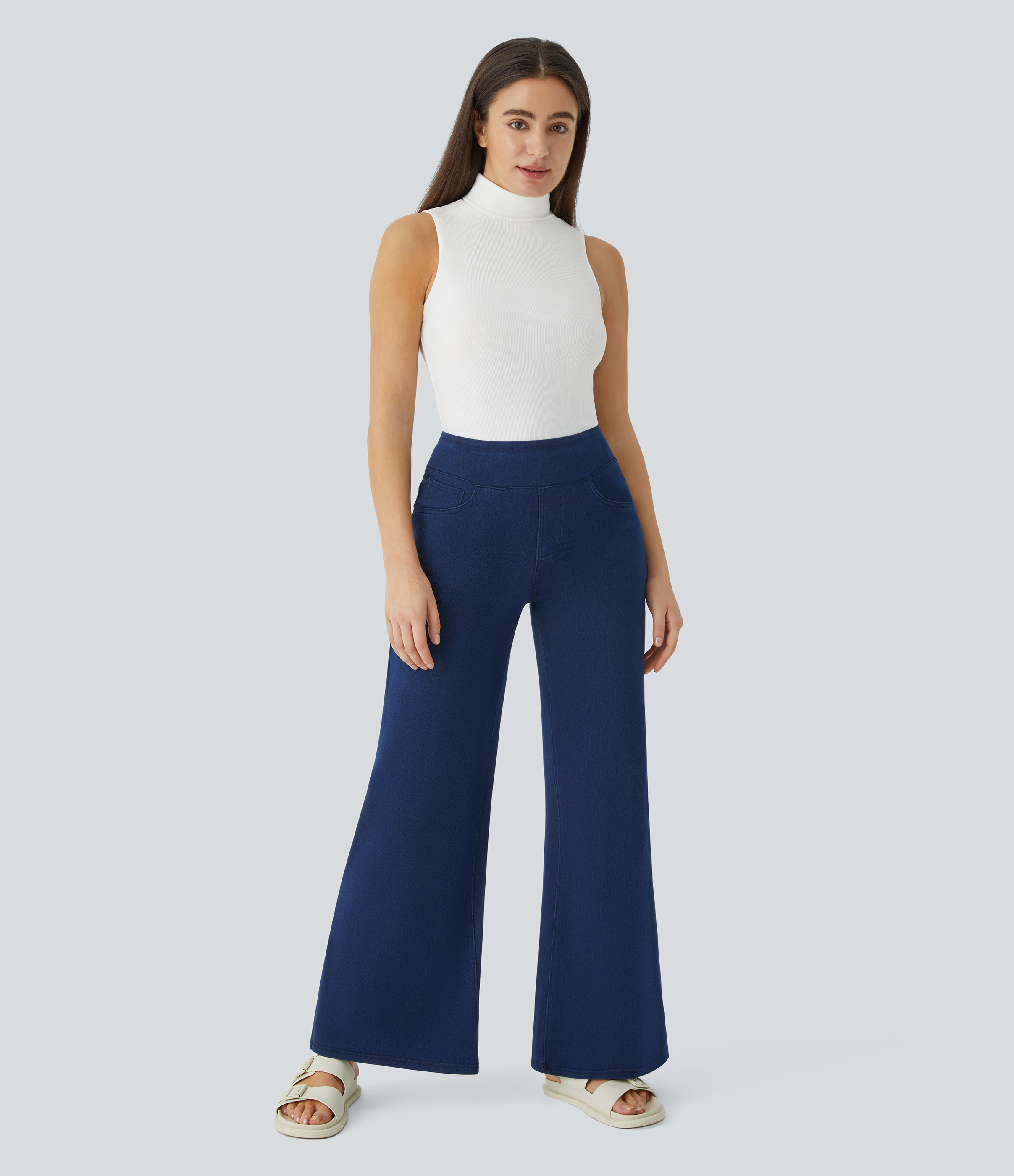 Halara Ribbed Knit High Collar Sleeveless Casual T-Shirt  - White - XL 