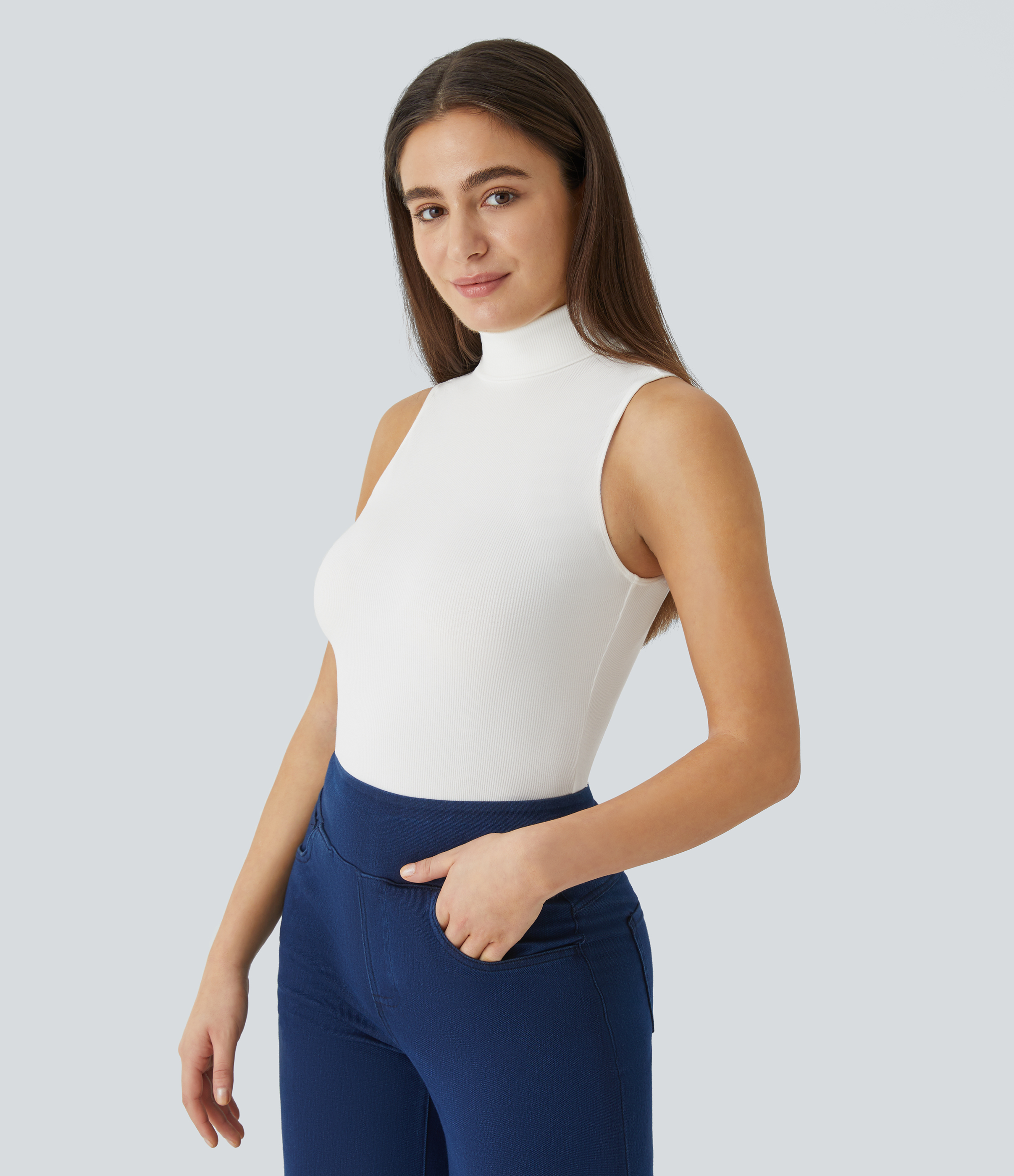 Halara Ribbed Knit High Collar Sleeveless Casual T-Shirt  - White - XL 