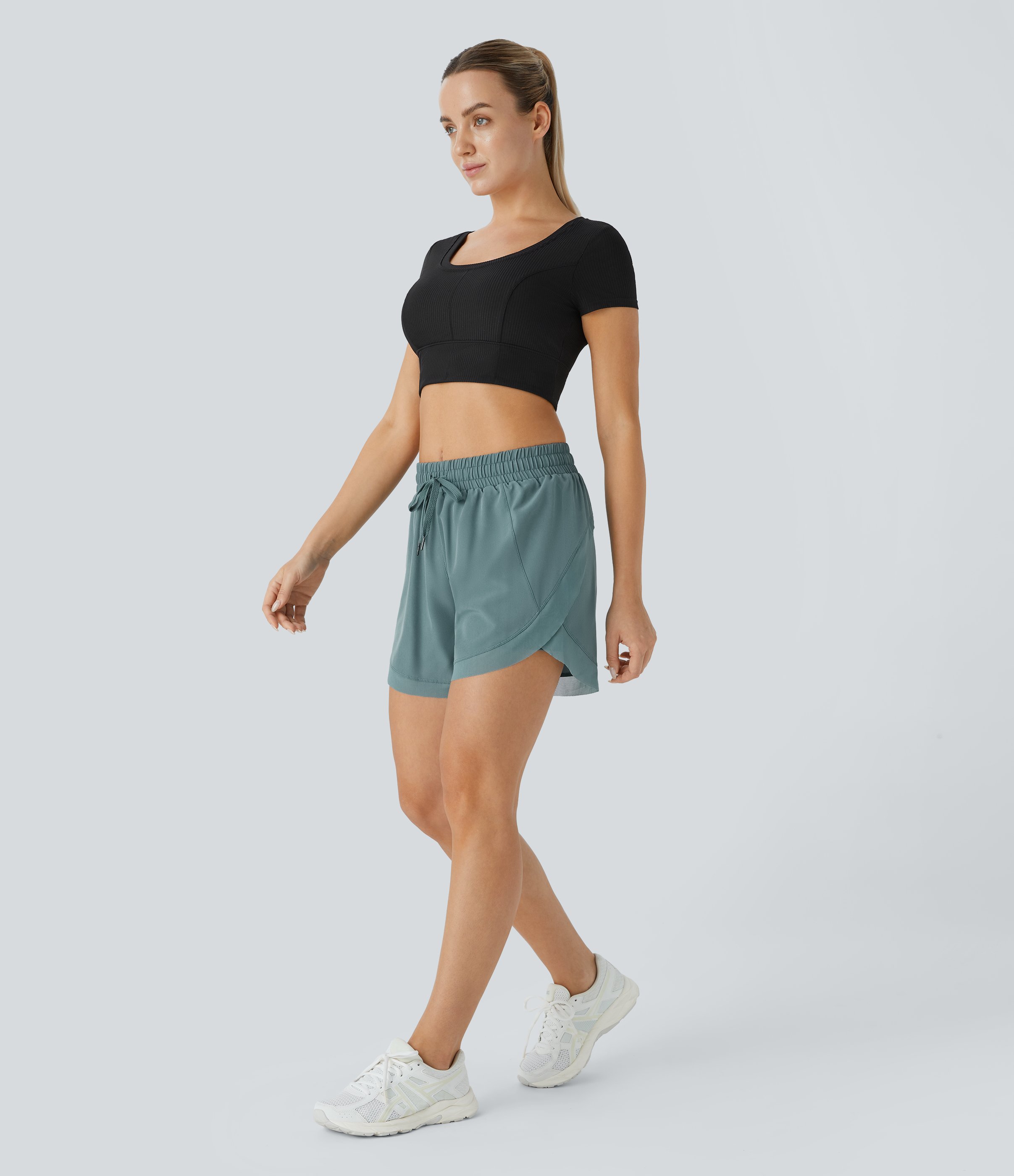 Halara Mid Rise Drawstring Contrast Mesh 2-in-1 Flowy Running Shorts 5`` Gym Short - Stone Blue - M(Long) booty shorts compression shorts 