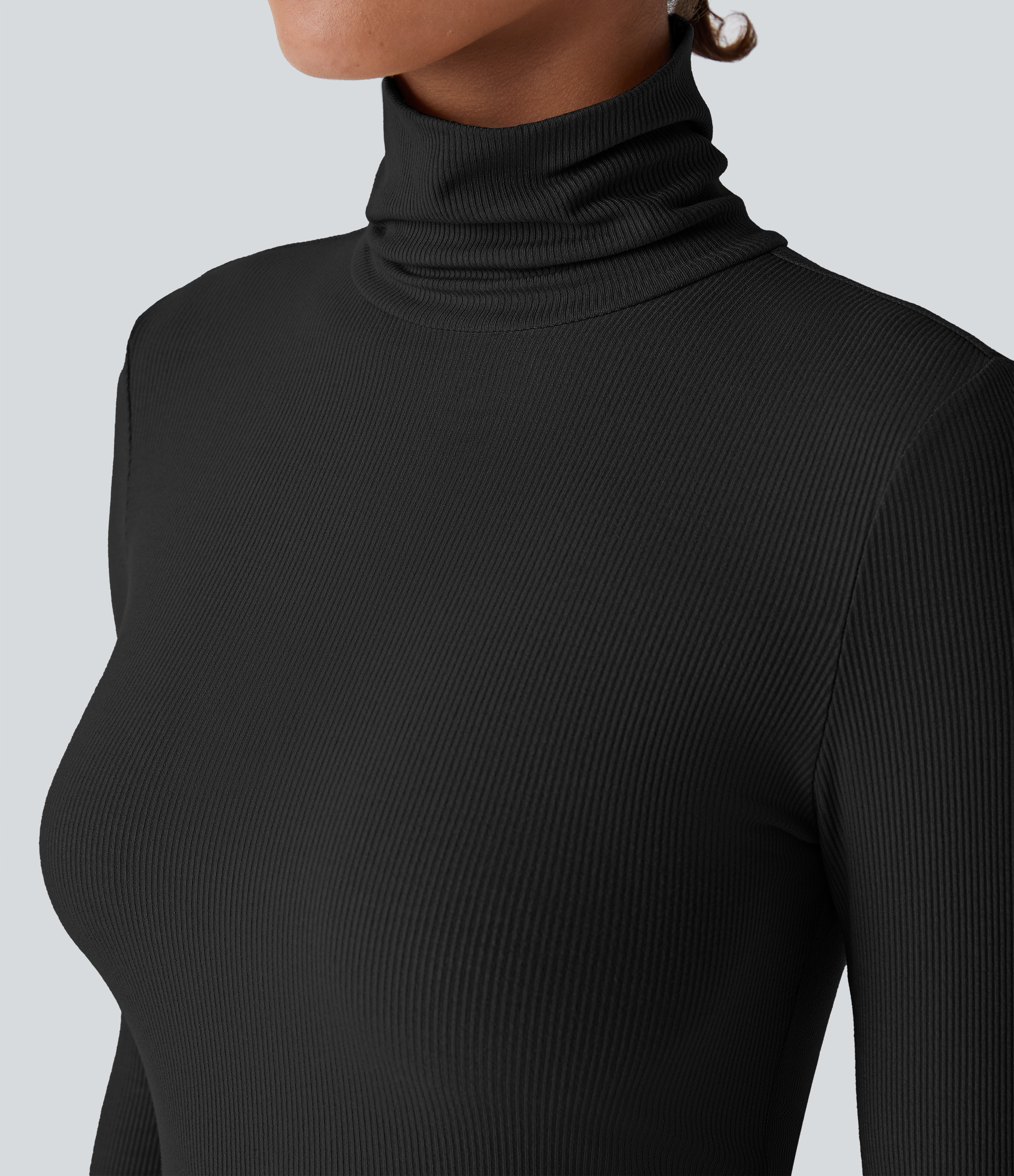 Halara Ribbed Knit High Collar Long Sleeve Casual Top Tank Top - Black - L golf tops halter top tunic tops sleeveless tops backless top 