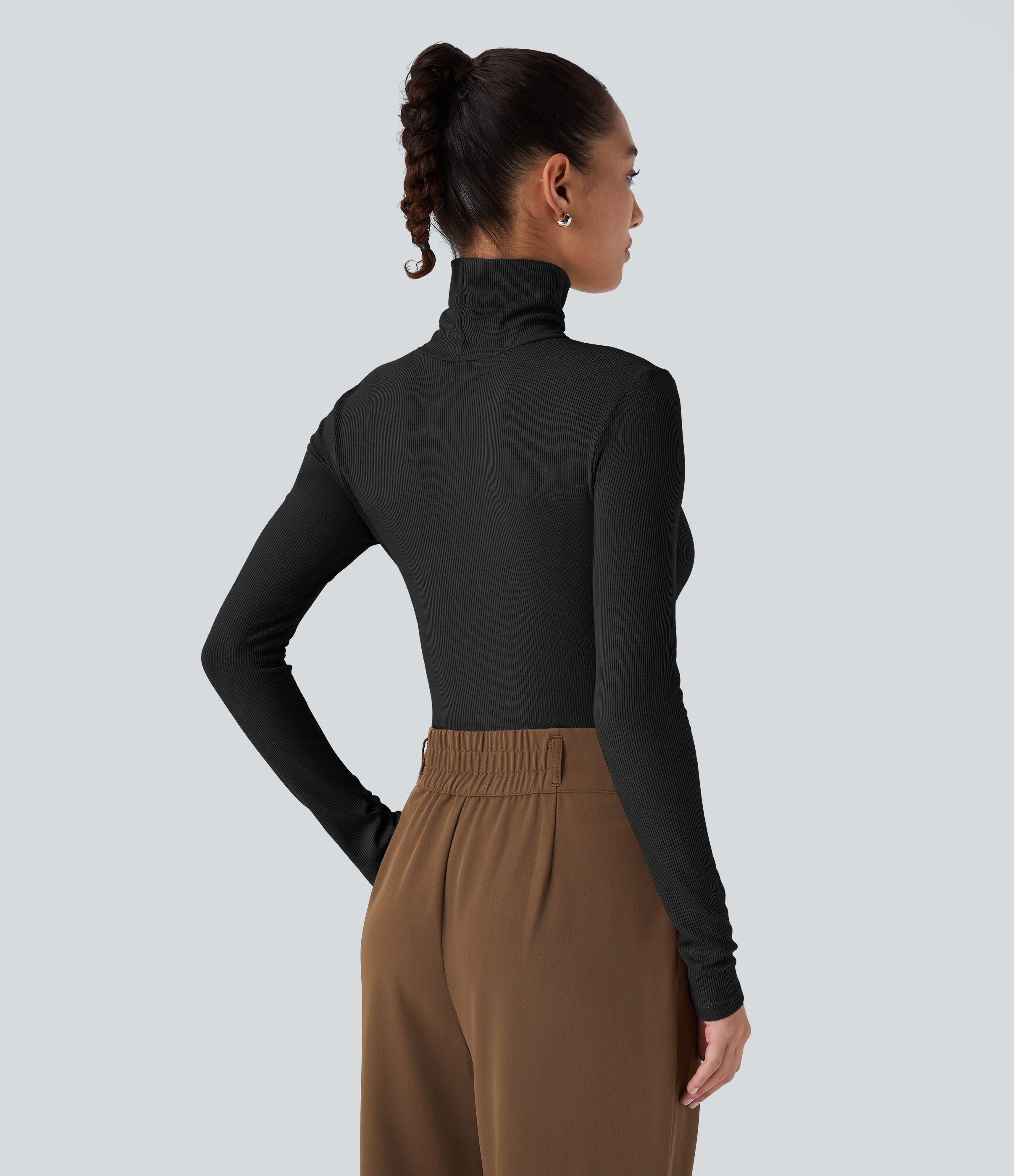 Halara Ribbed Knit High Collar Long Sleeve Casual Top Tank Top - Black - L golf tops halter top tunic tops sleeveless tops backless top 