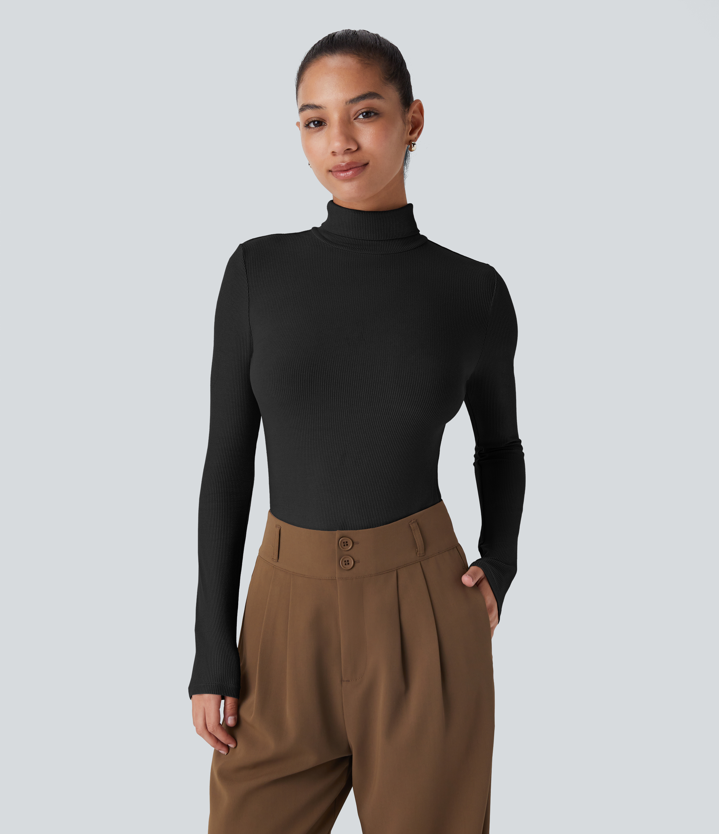 Halara Ribbed Knit High Collar Long Sleeve Casual Top Tank Top - Black - L golf tops halter top tunic tops sleeveless tops backless top 