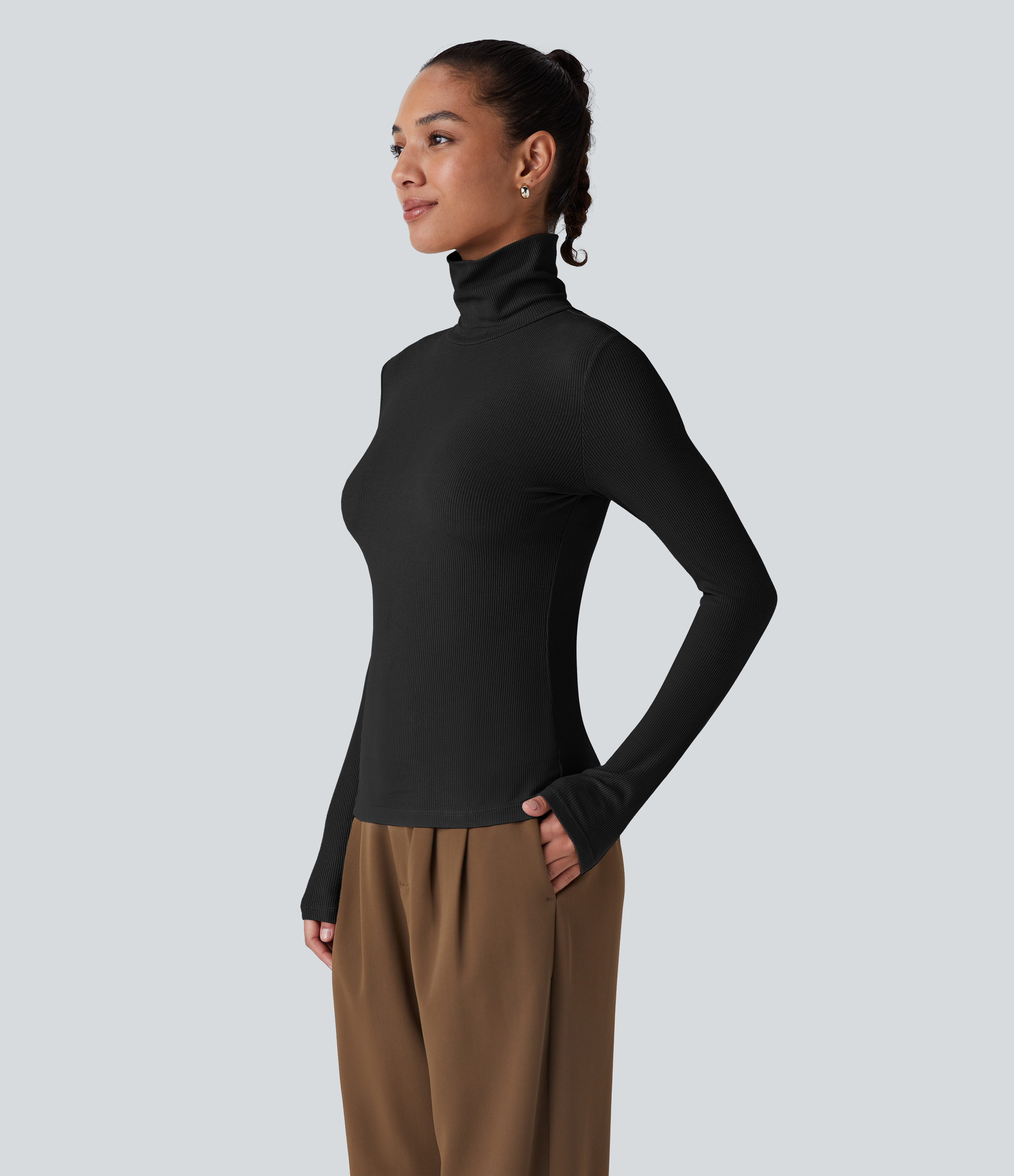 Halara Ribbed Knit High Collar Long Sleeve Casual Top Tank Top - Black - L golf tops halter top tunic tops sleeveless tops backless top 