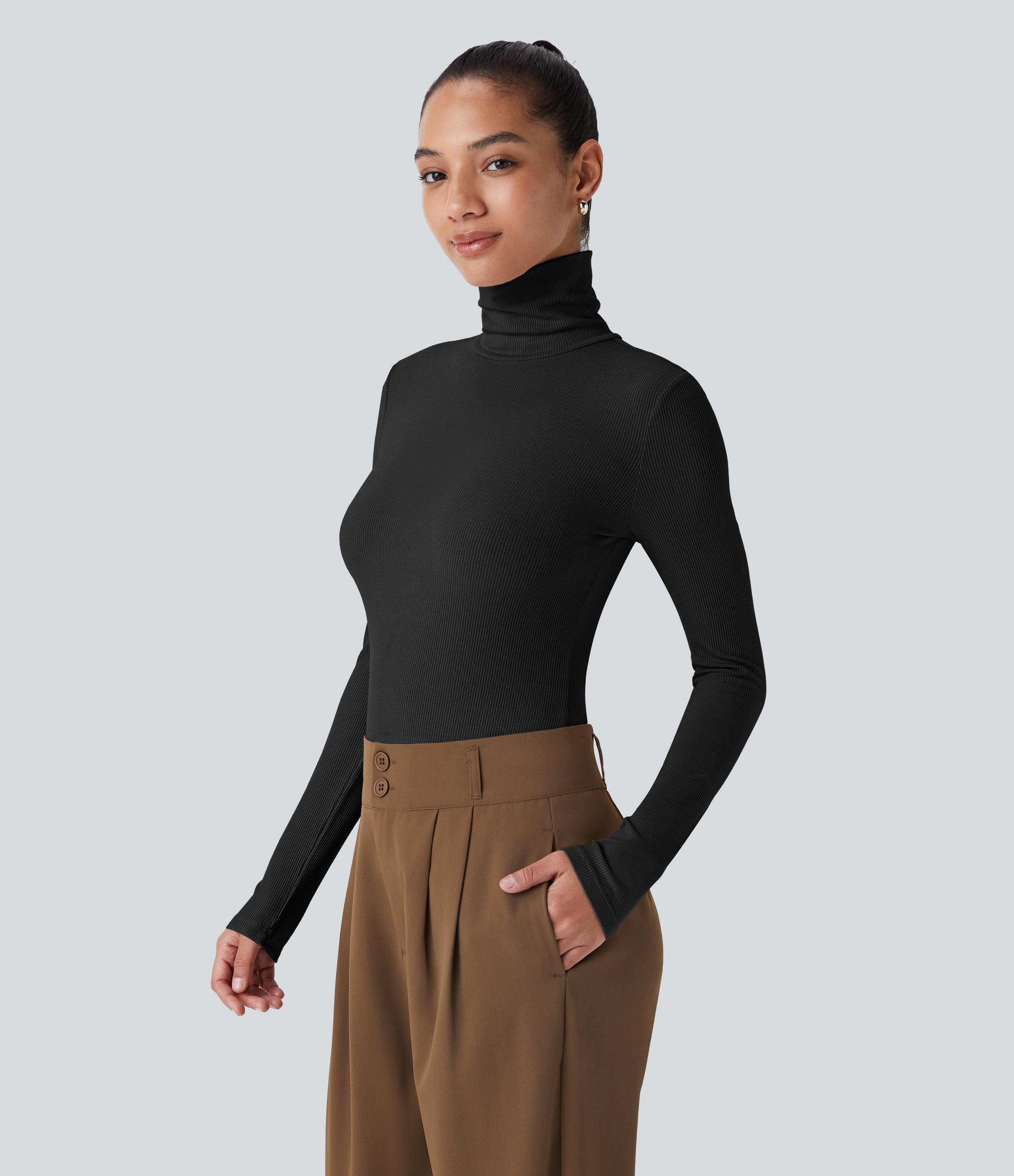 Halara Ribbed Knit High Collar Long Sleeve Casual Top Tank Top - Black - L golf tops halter top tunic tops sleeveless tops backless top 