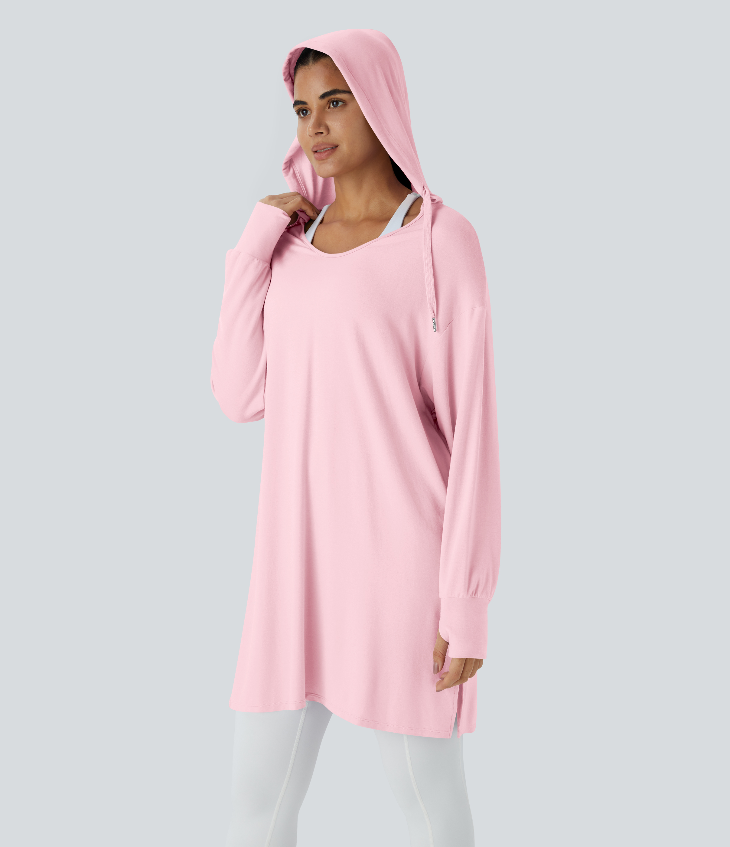 Halara Hooded V Neck Drawstring Thumb Hole Split Longline Casual Sweatshirt  - Barely Pink - M 