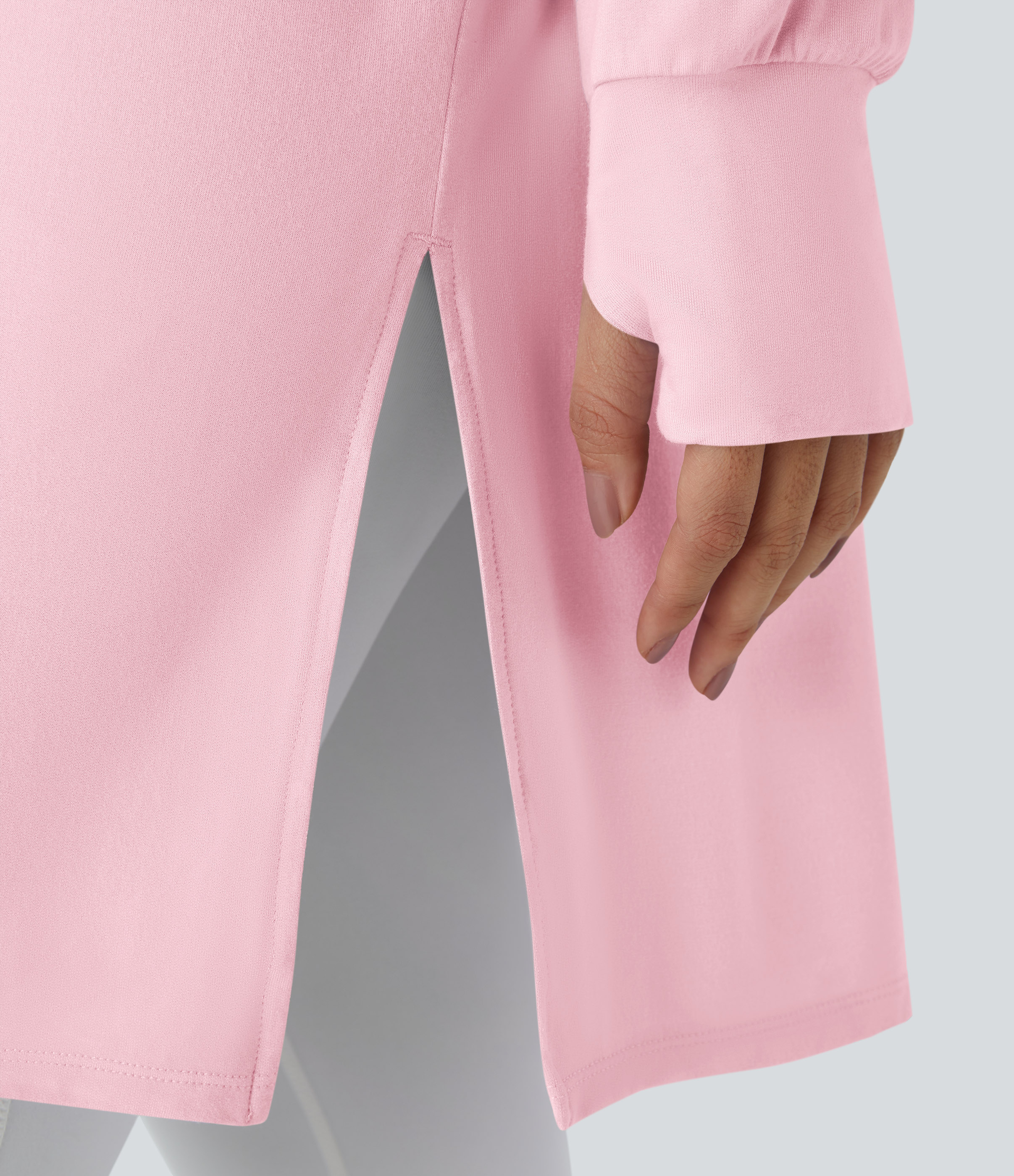 Halara Hooded V Neck Drawstring Thumb Hole Split Longline Casual Sweatshirt  - Barely Pink - M 