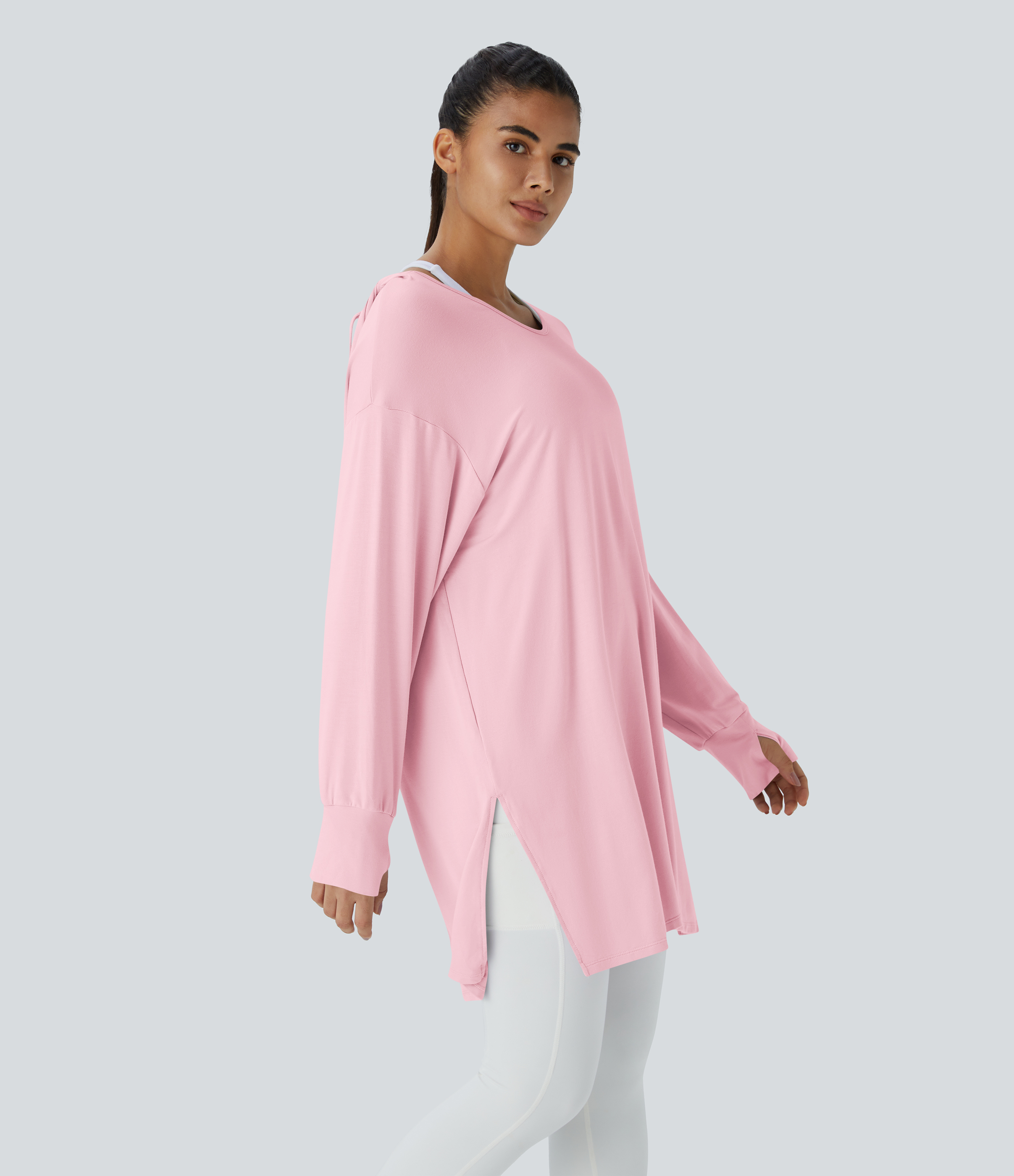 Halara Hooded V Neck Drawstring Thumb Hole Split Longline Casual Sweatshirt  - Barely Pink - M 