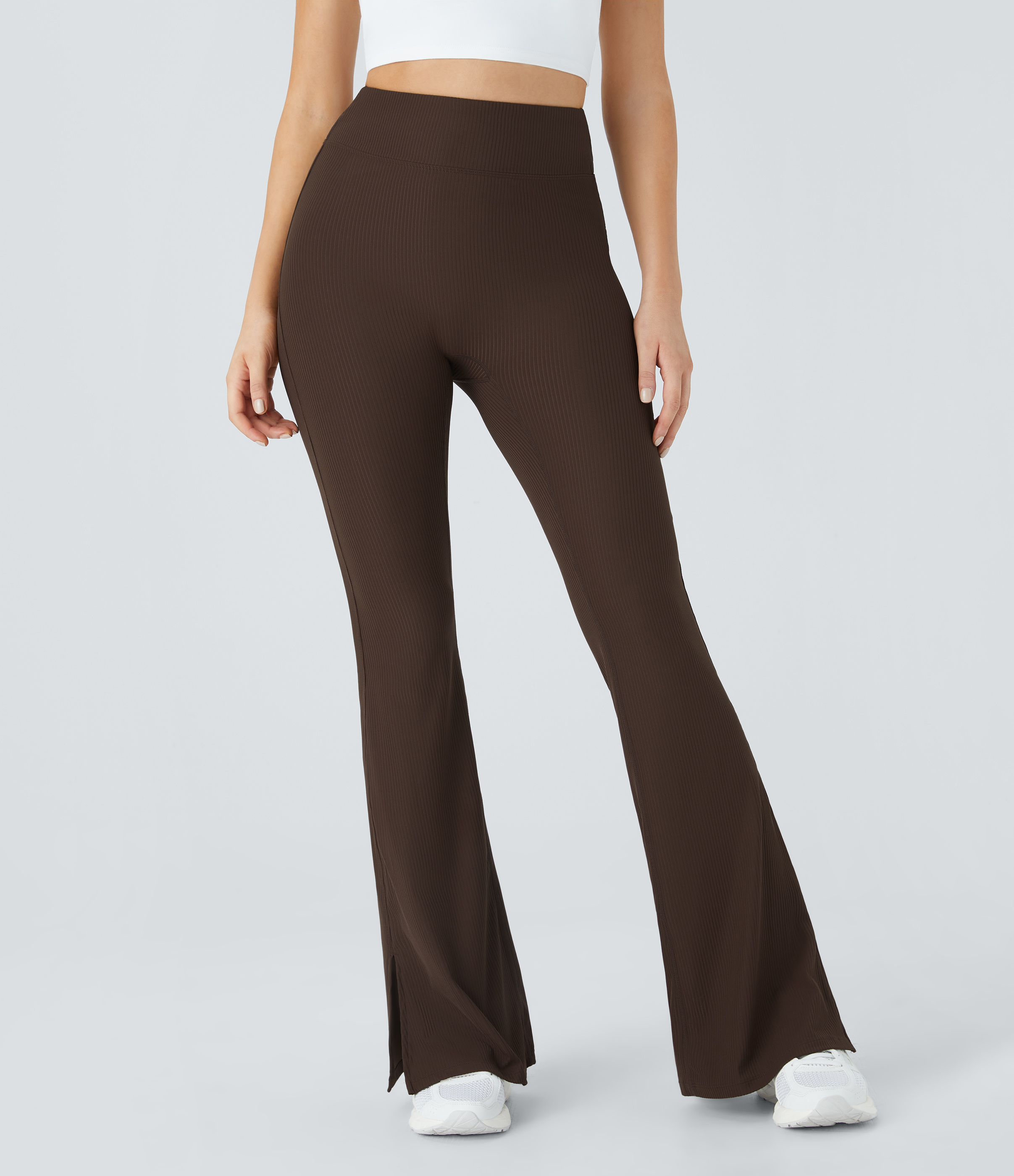 Flamewood Brown Leggings acanalados y acampanados con abertura de tiro alto / 2