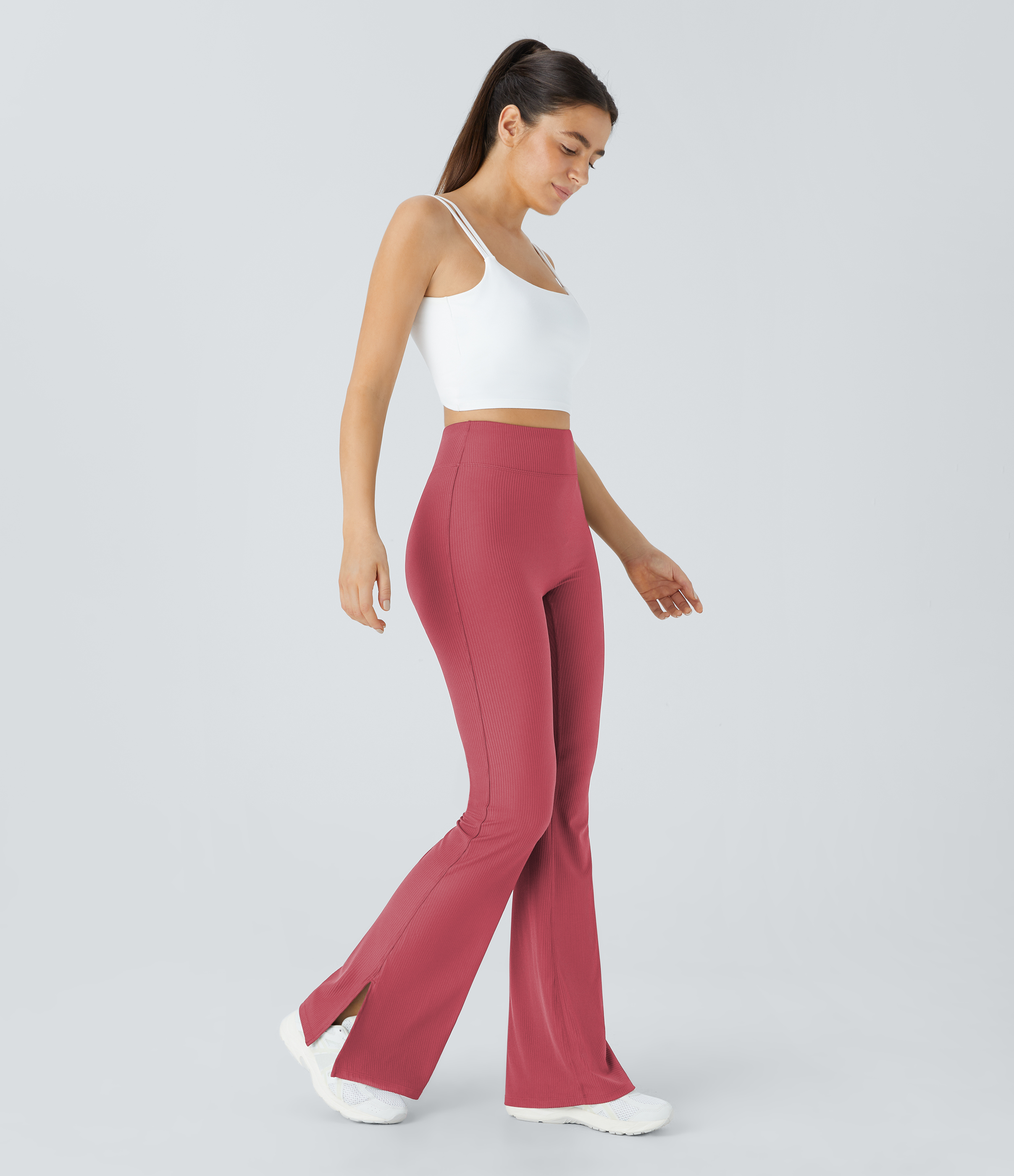 Halara Ribbed High Waisted Split Flared Yoga Full Length Leggings  - Holly Berry - XL gym leggings leggings with pockets 