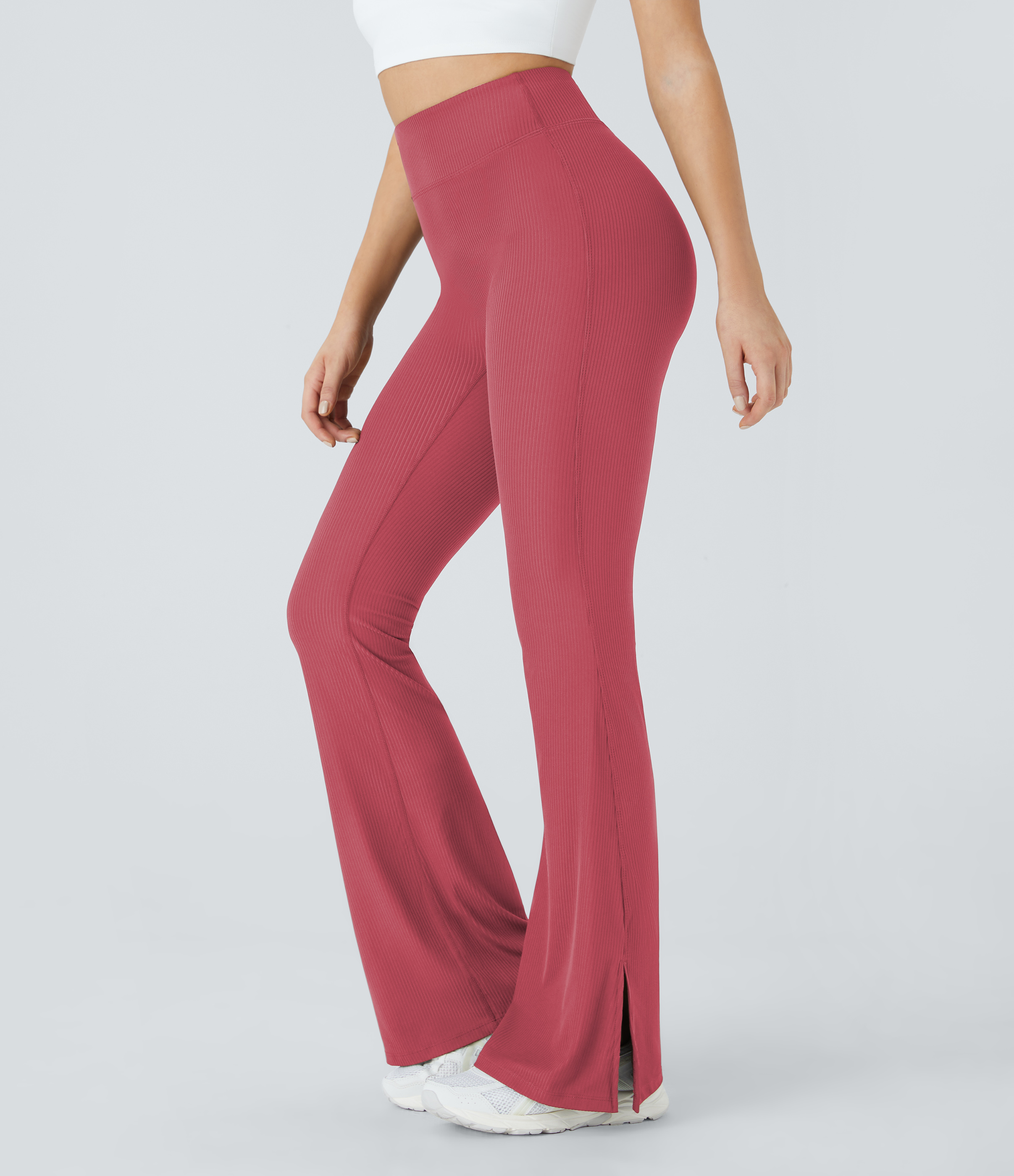 Halara Ribbed High Waisted Split Flared Yoga Full Length Leggings  - Holly Berry - XL gym leggings leggings with pockets 