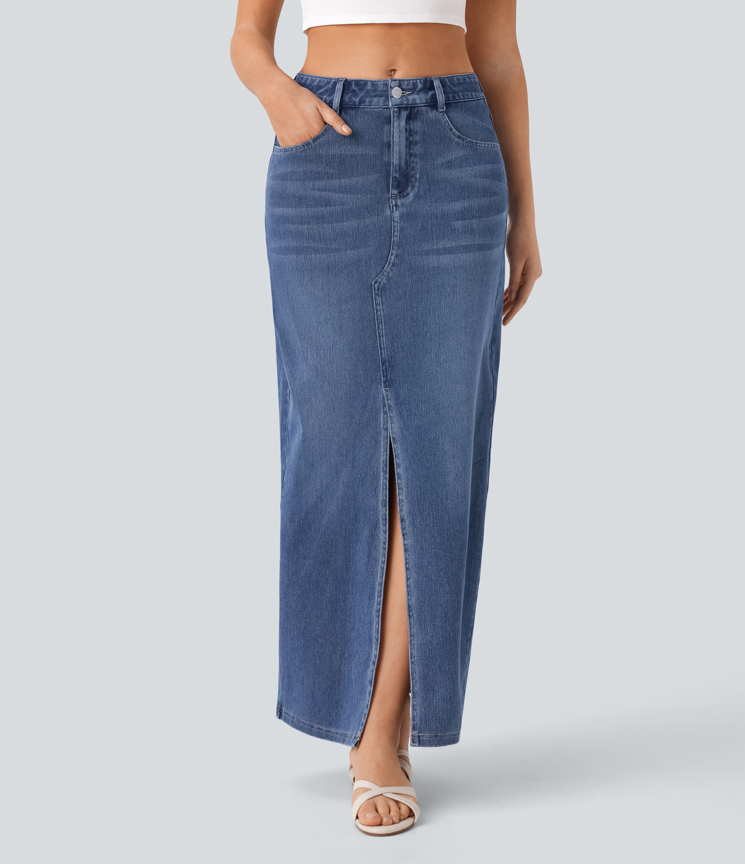 Halara Flex™ Mid Rise Pockets Straight Maxi Washed Denim Casual Skirt
