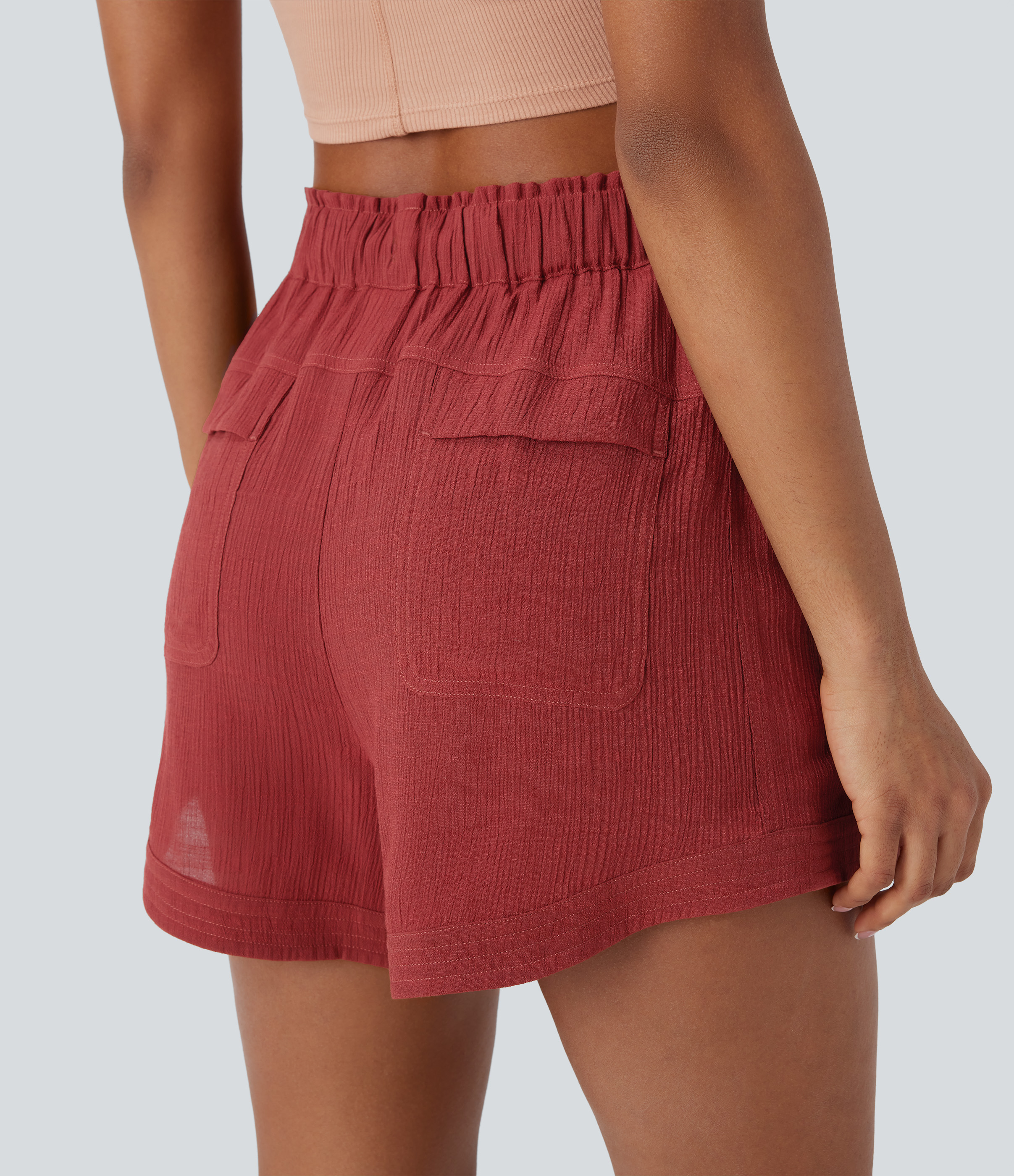 Halara Mid Rise Drawstring Frill Multiple Pockets Resort Shorts  - Brandy Snifter - S booty shorts compression shorts yoga shorts 