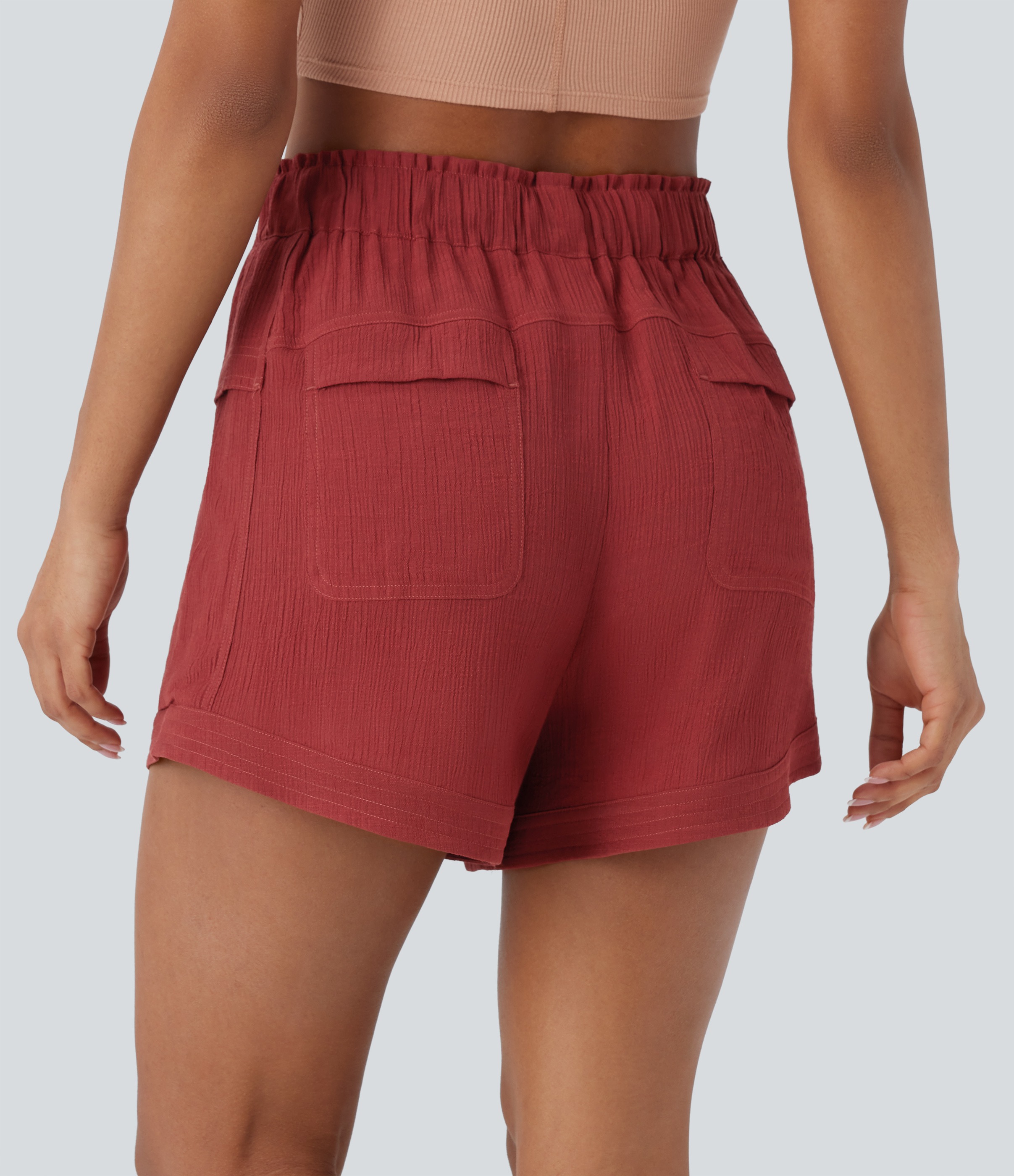 Halara Mid Rise Drawstring Frill Multiple Pockets Resort Shorts  - Brandy Snifter - S booty shorts compression shorts yoga shorts 