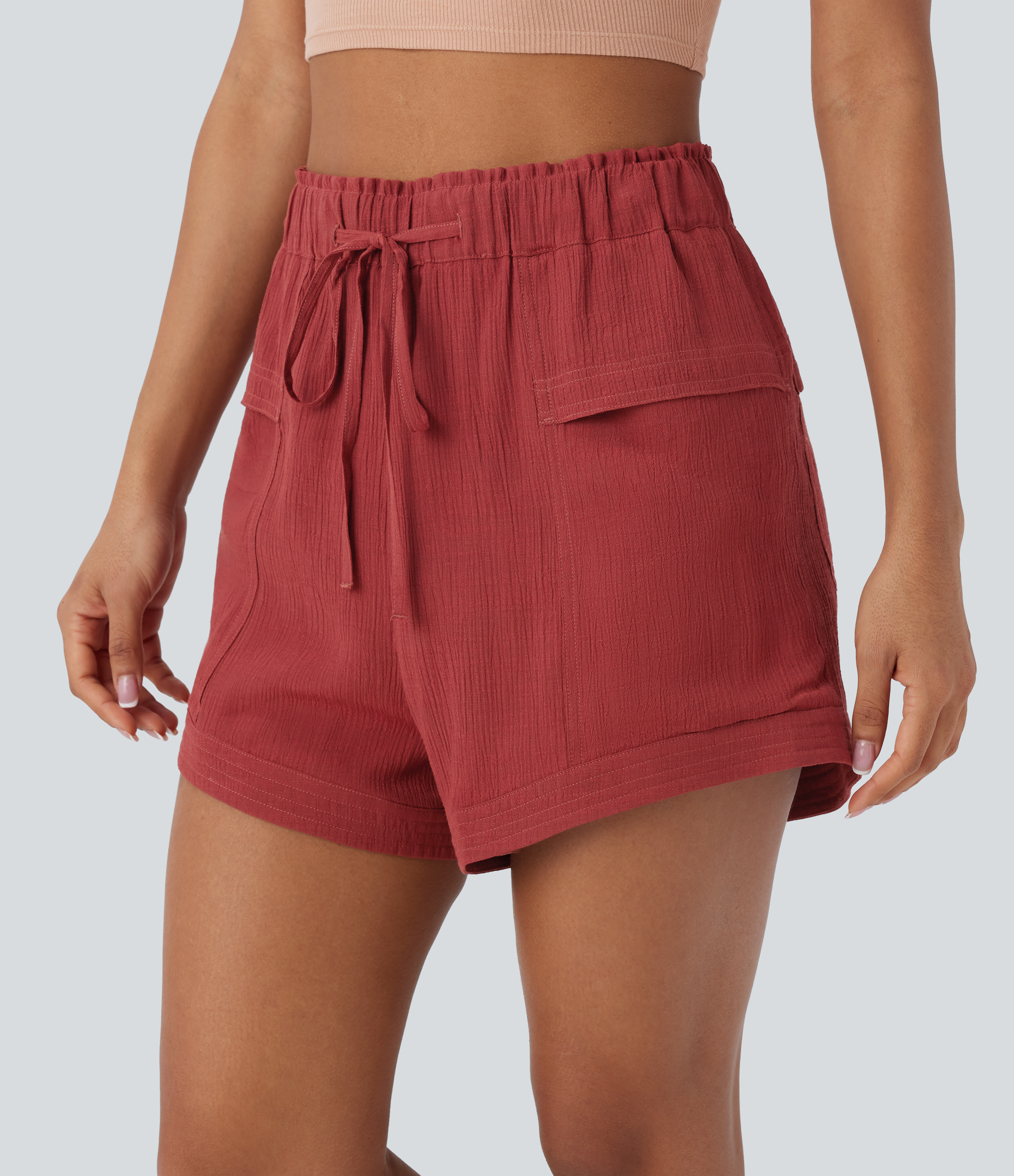 Halara Mid Rise Drawstring Frill Multiple Pockets Resort Shorts  - Brandy Snifter - S booty shorts compression shorts yoga shorts 