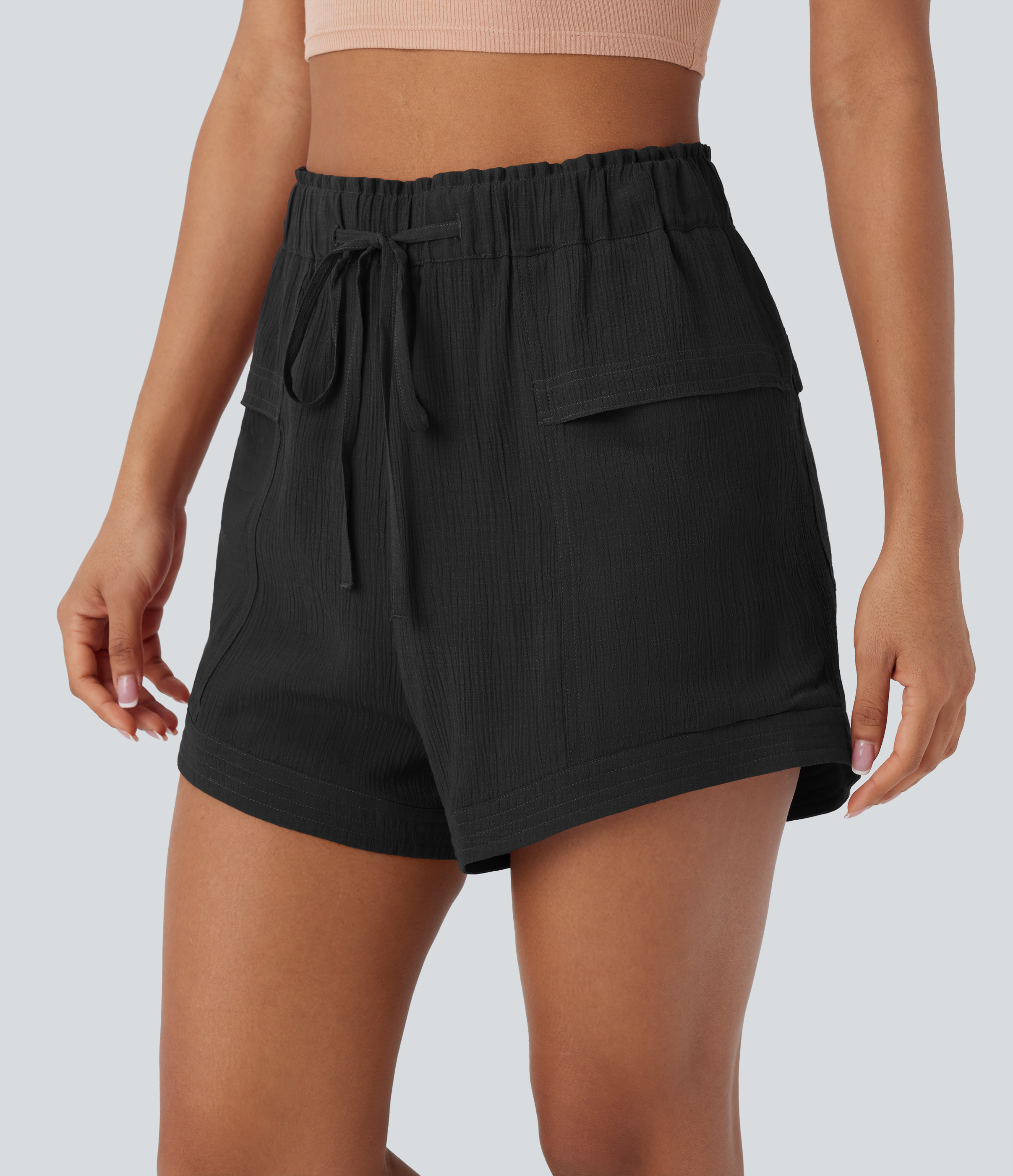 Halara Mid Rise Drawstring Frill Multiple Pockets Resort Shorts  - Black - XL booty shorts compression shorts yoga shorts 