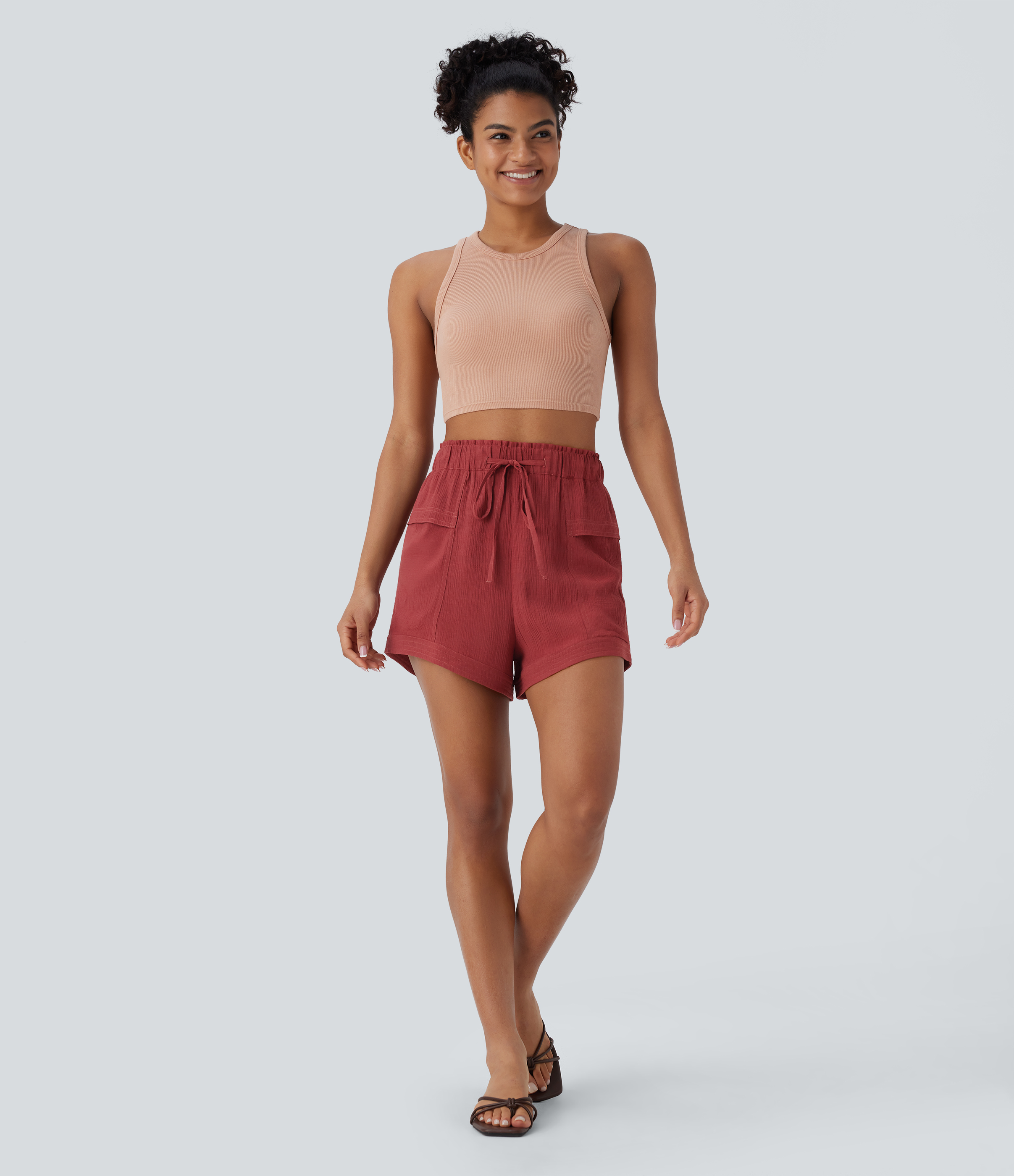 Halara Mid Rise Drawstring Frill Multiple Pockets Resort Shorts  - Brandy Snifter - S booty shorts compression shorts yoga shorts 