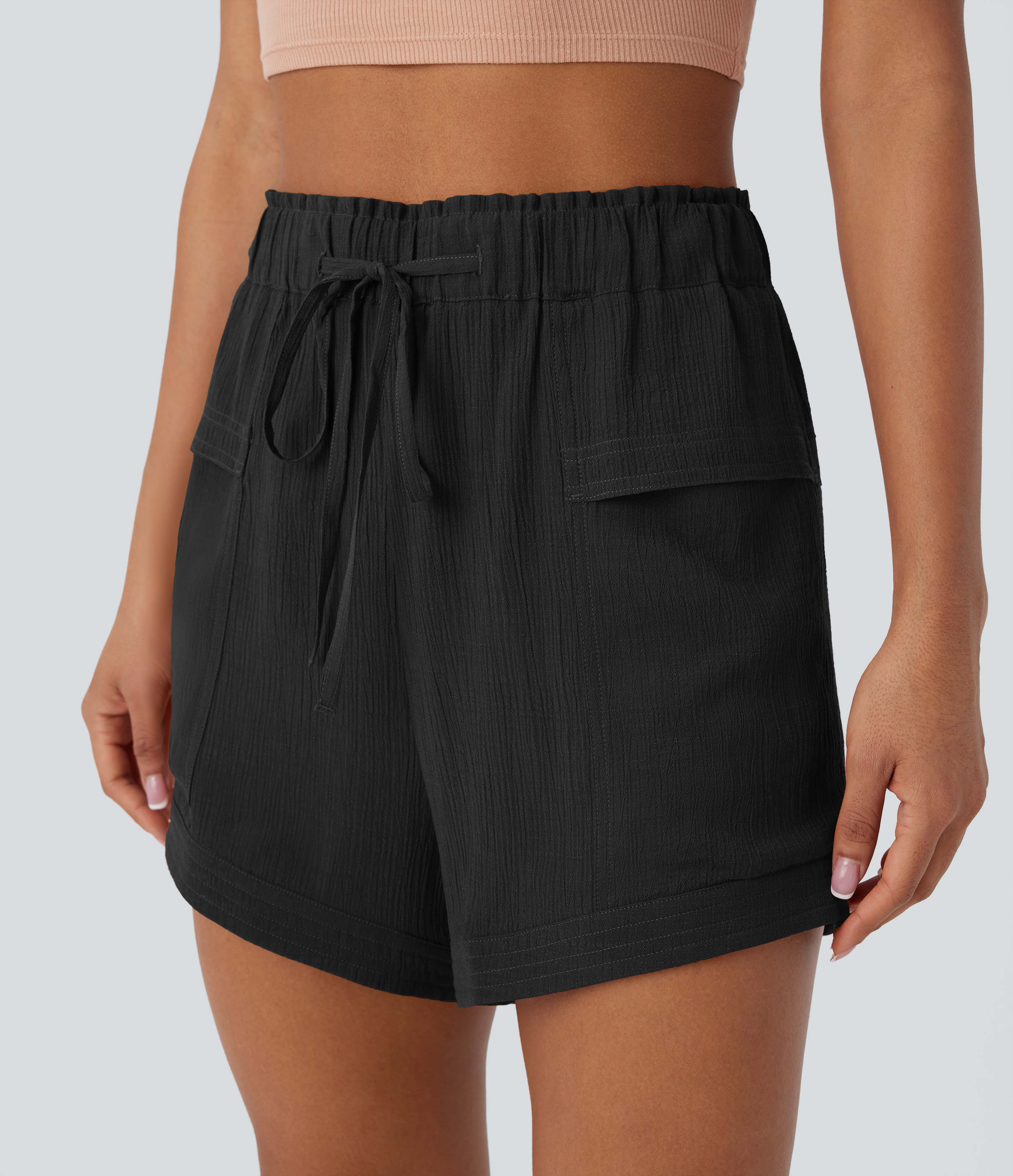 Halara Mid Rise Drawstring Frill Multiple Pockets Resort Shorts  - Black - XL booty shorts compression shorts yoga shorts 