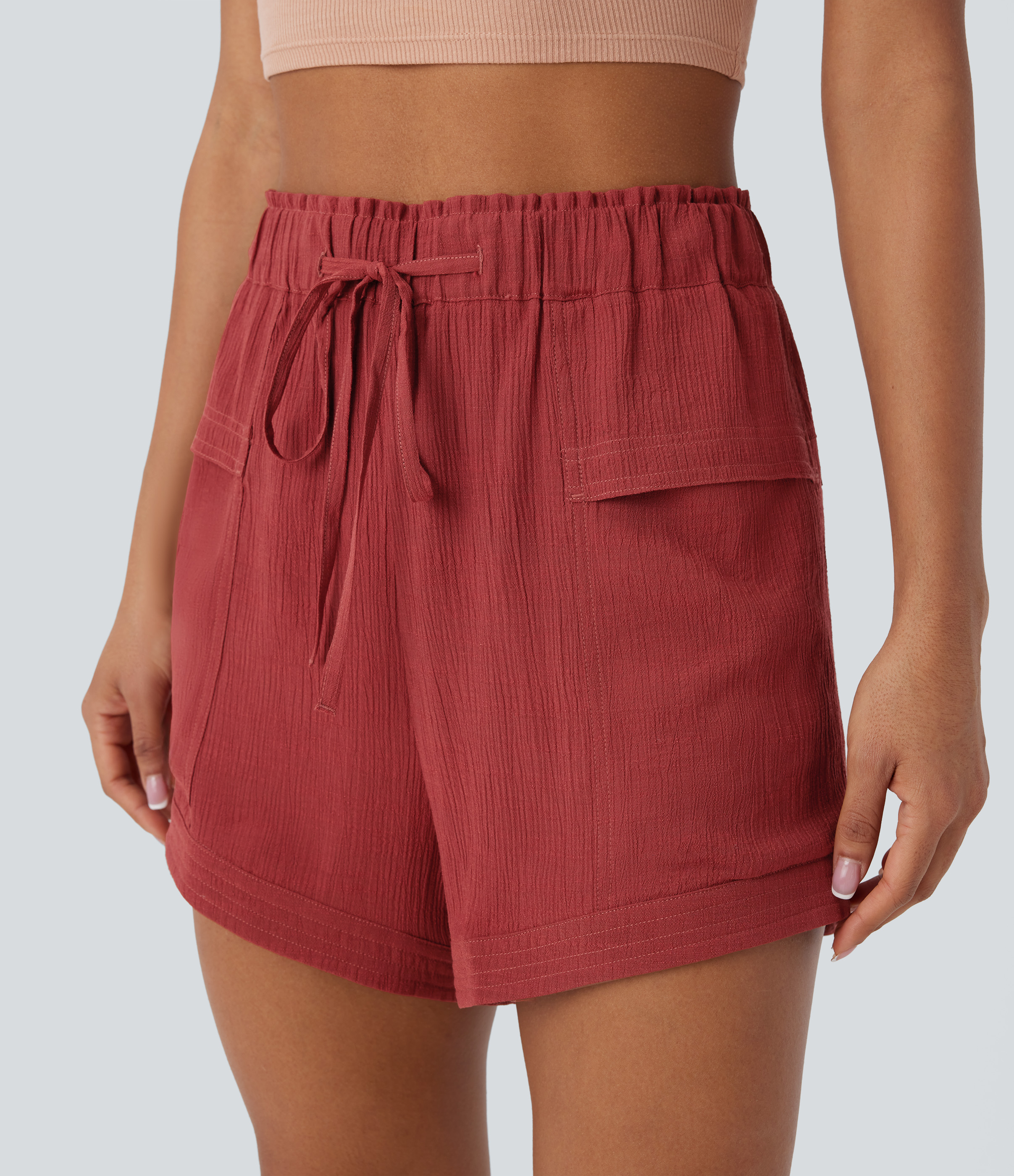 Halara Mid Rise Drawstring Frill Multiple Pockets Resort Shorts  - Brandy Snifter - S booty shorts compression shorts yoga shorts 