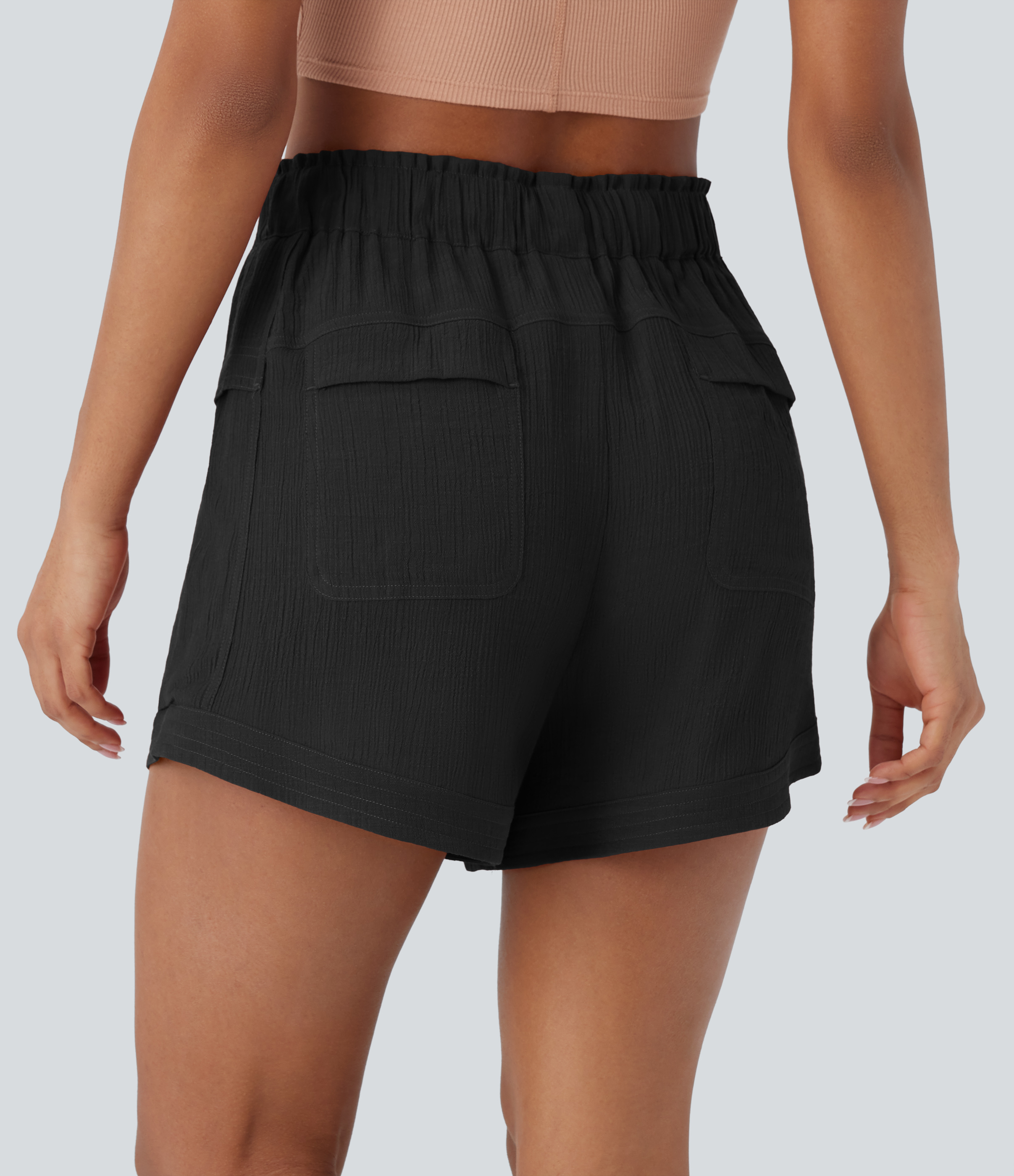 Halara Mid Rise Drawstring Frill Multiple Pockets Resort Shorts  - Black - XL booty shorts compression shorts yoga shorts 