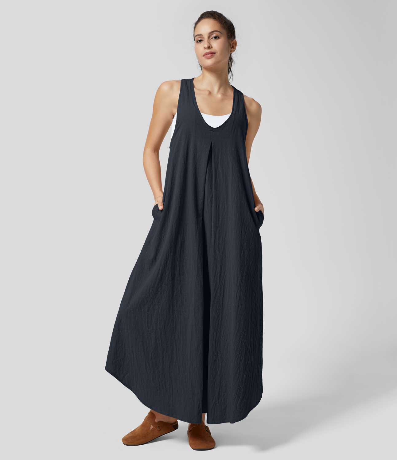 Halara U Neck Sleeveless Plicated Side Pocket Flowy Maxi Casual Linen-Feel Dress Casual Dress - Total Eclipse - M slip dress beach dress 