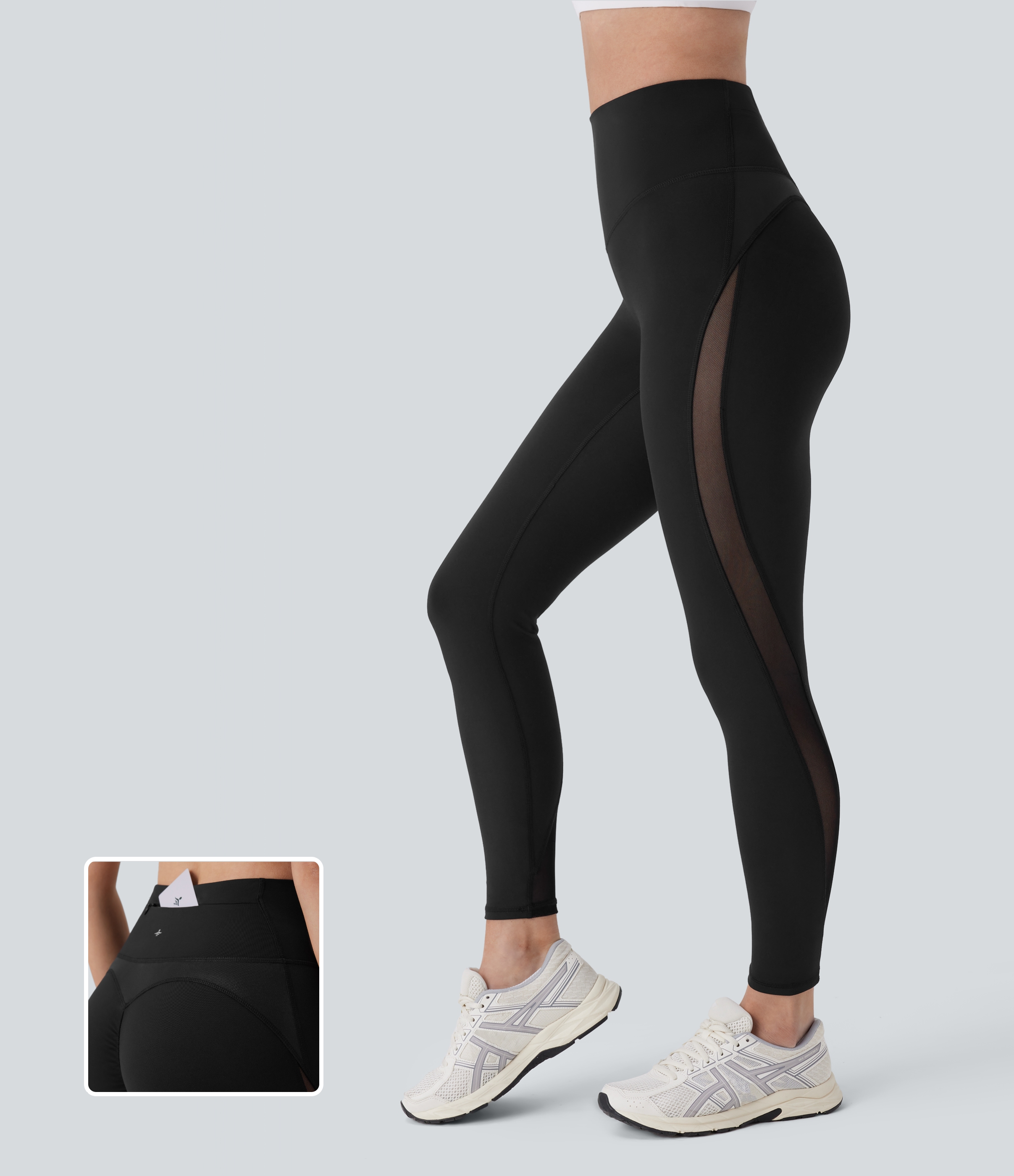 Halara HaloTek Airв„ў High Waisted Tummy Control Back Zip Pocket Contrast Mesh 7/8 Workout Leggings  - Black - L(7/8) gym leggings 