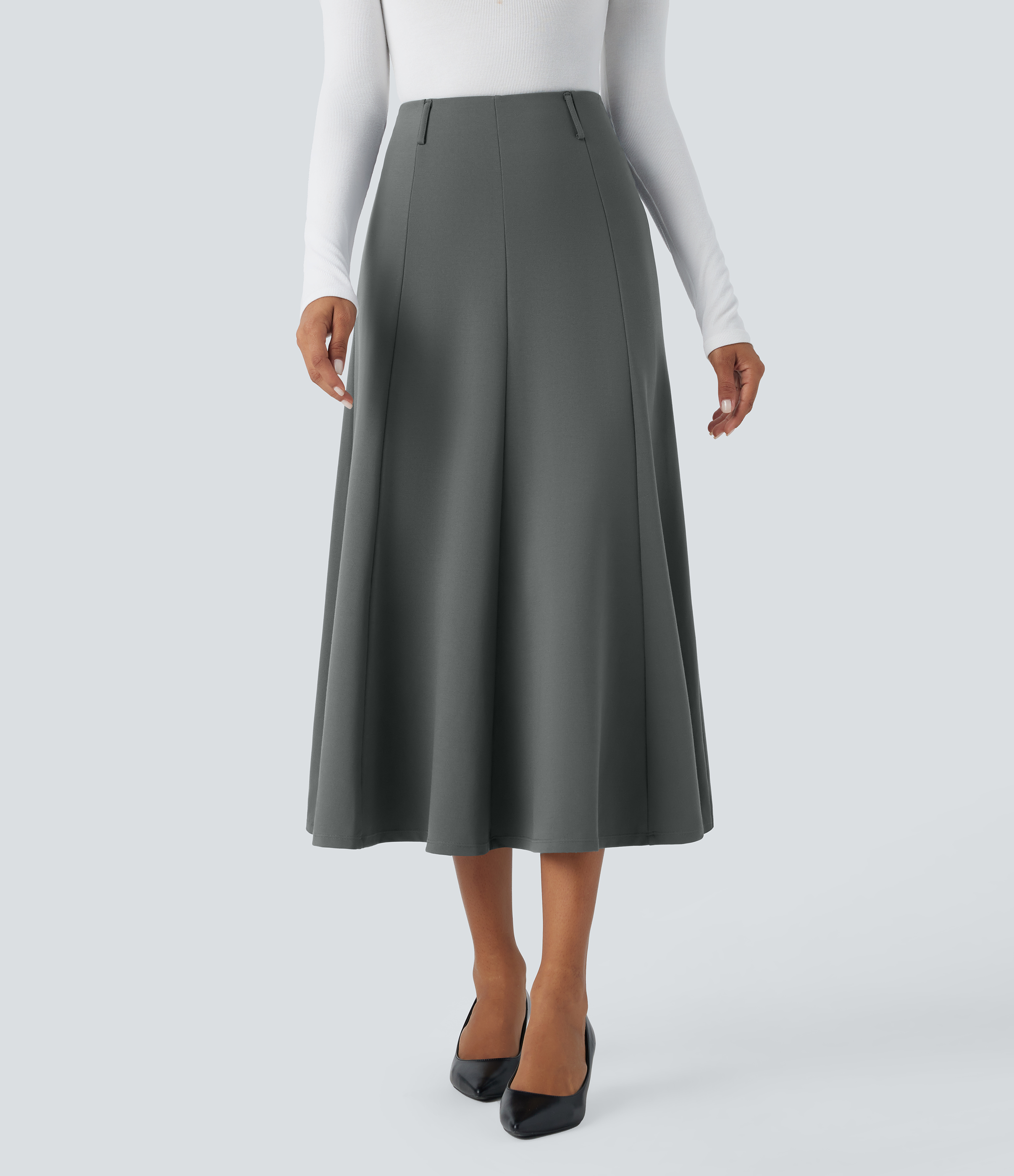 Halara High Waisted Back Invisible Zipper Flare Midi Work Skirt  - Sedona Sage - M(regular) 