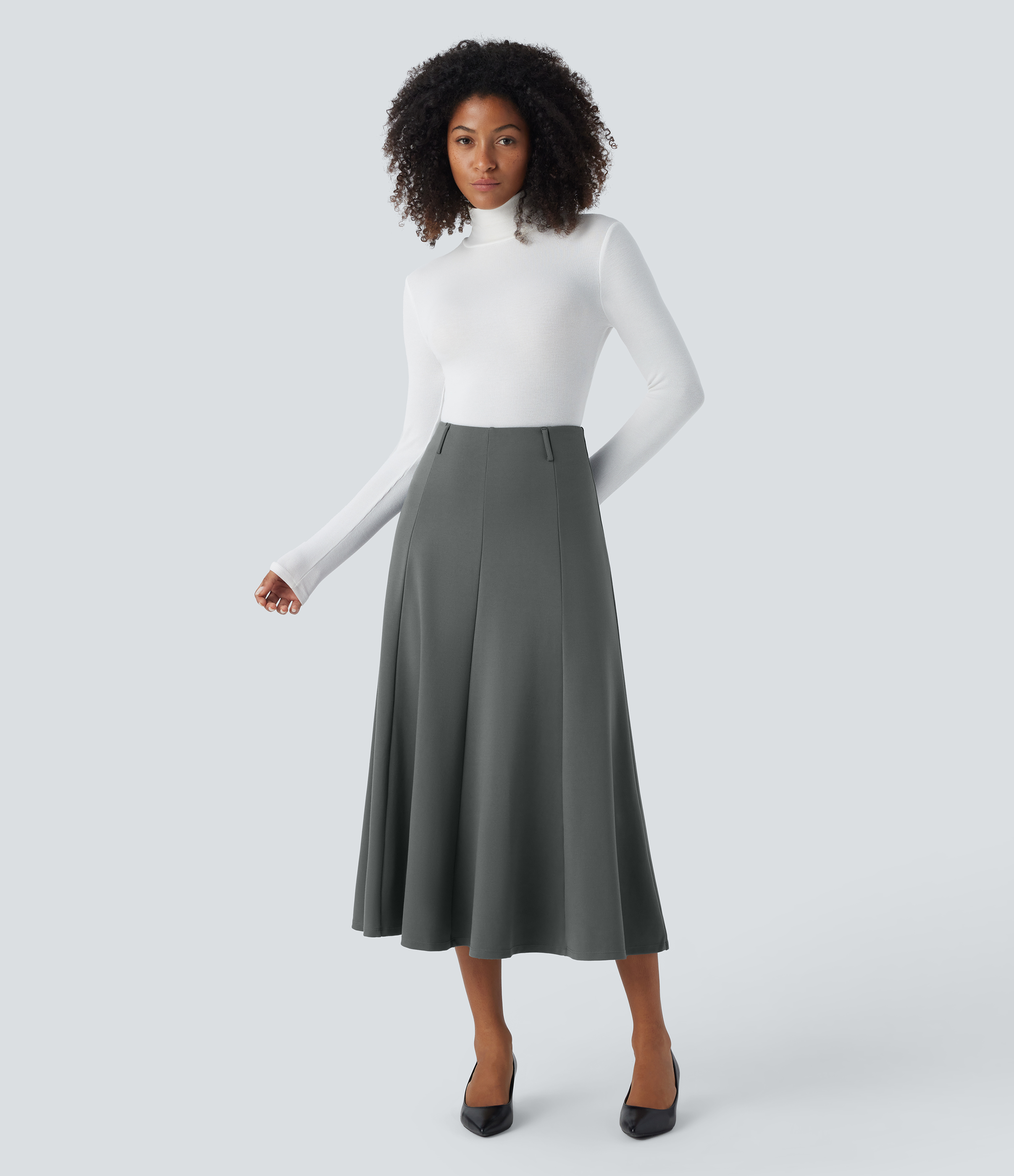 Halara High Waisted Back Invisible Zipper Flare Midi Work Skirt  - Sedona Sage - M(regular) 