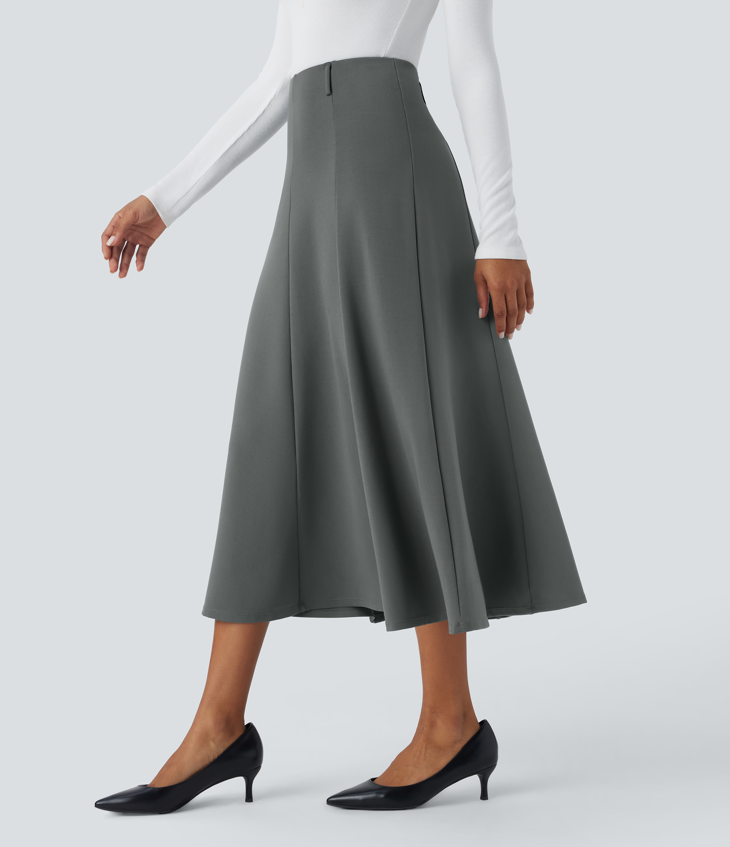 Halara High Waisted Back Invisible Zipper Flare Midi Work Skirt  - Sedona Sage - M(regular) 