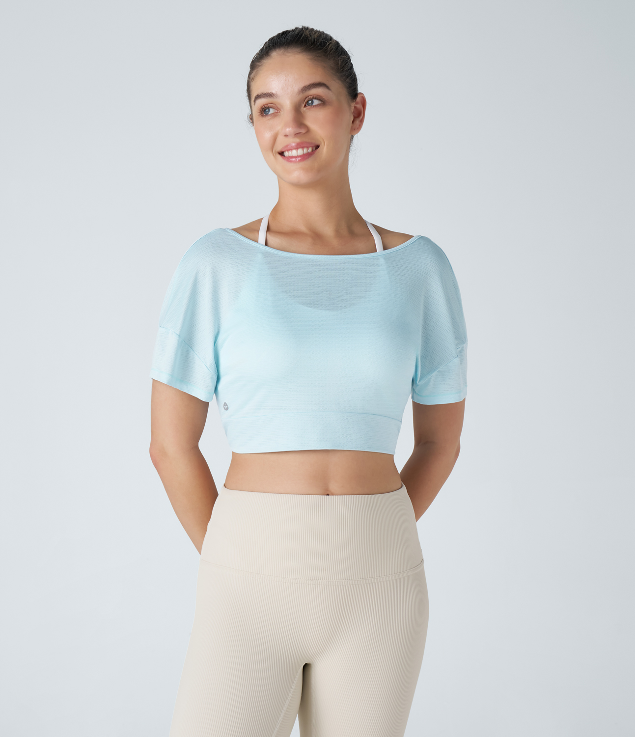 Halara Sheer V Neck Twisted Cropped Jacquard Yoga Sports Top  - Saltwater Slide - L 