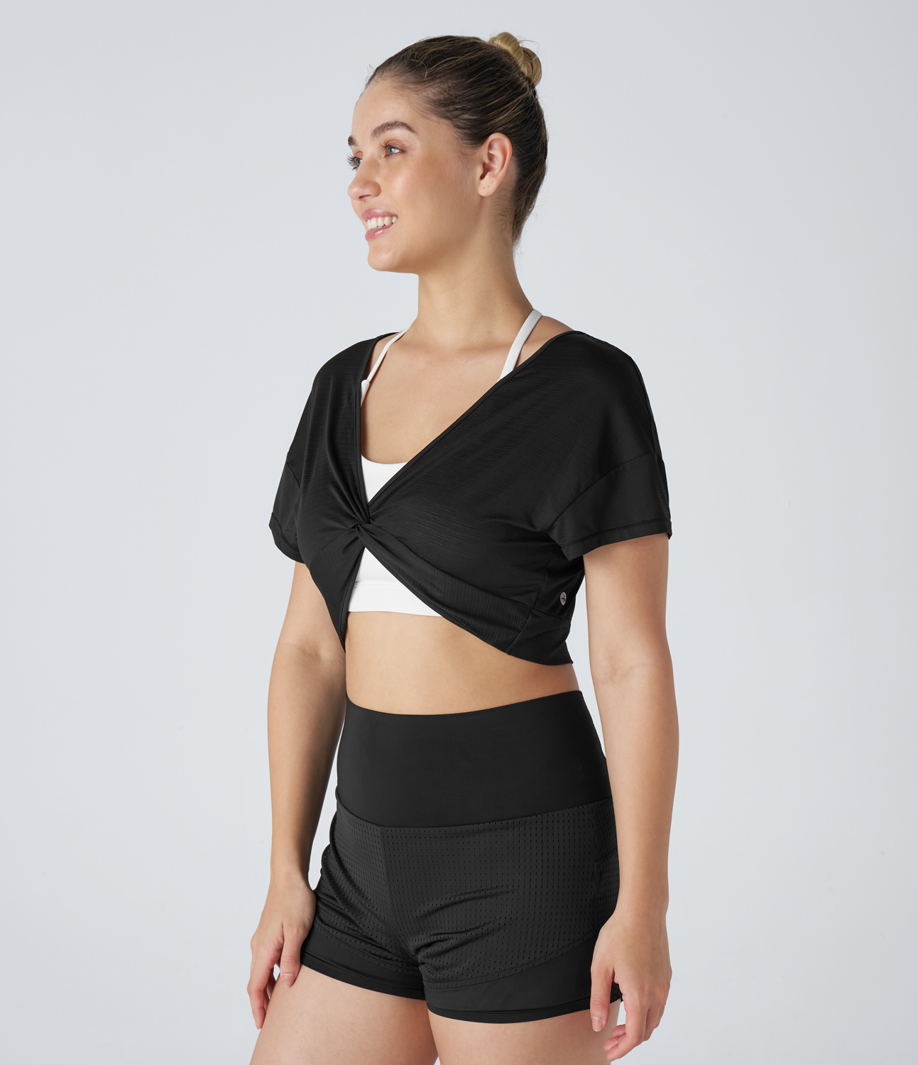 Halara Sheer V Neck Twisted Cropped Jacquard Yoga Sports Top  - Black - XL 
