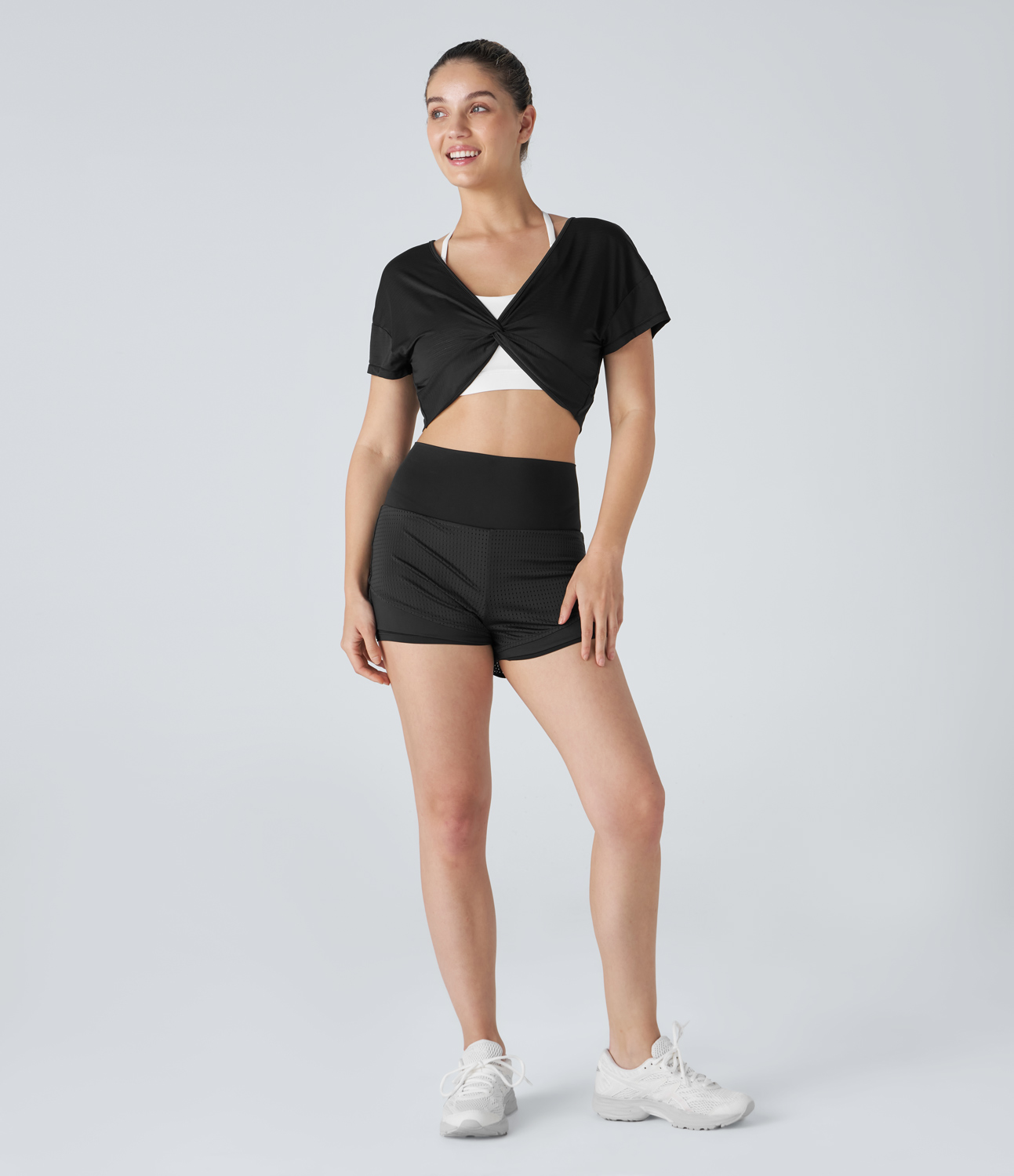 Halara Sheer V Neck Twisted Cropped Jacquard Yoga Sports Top  - Black - XL 
