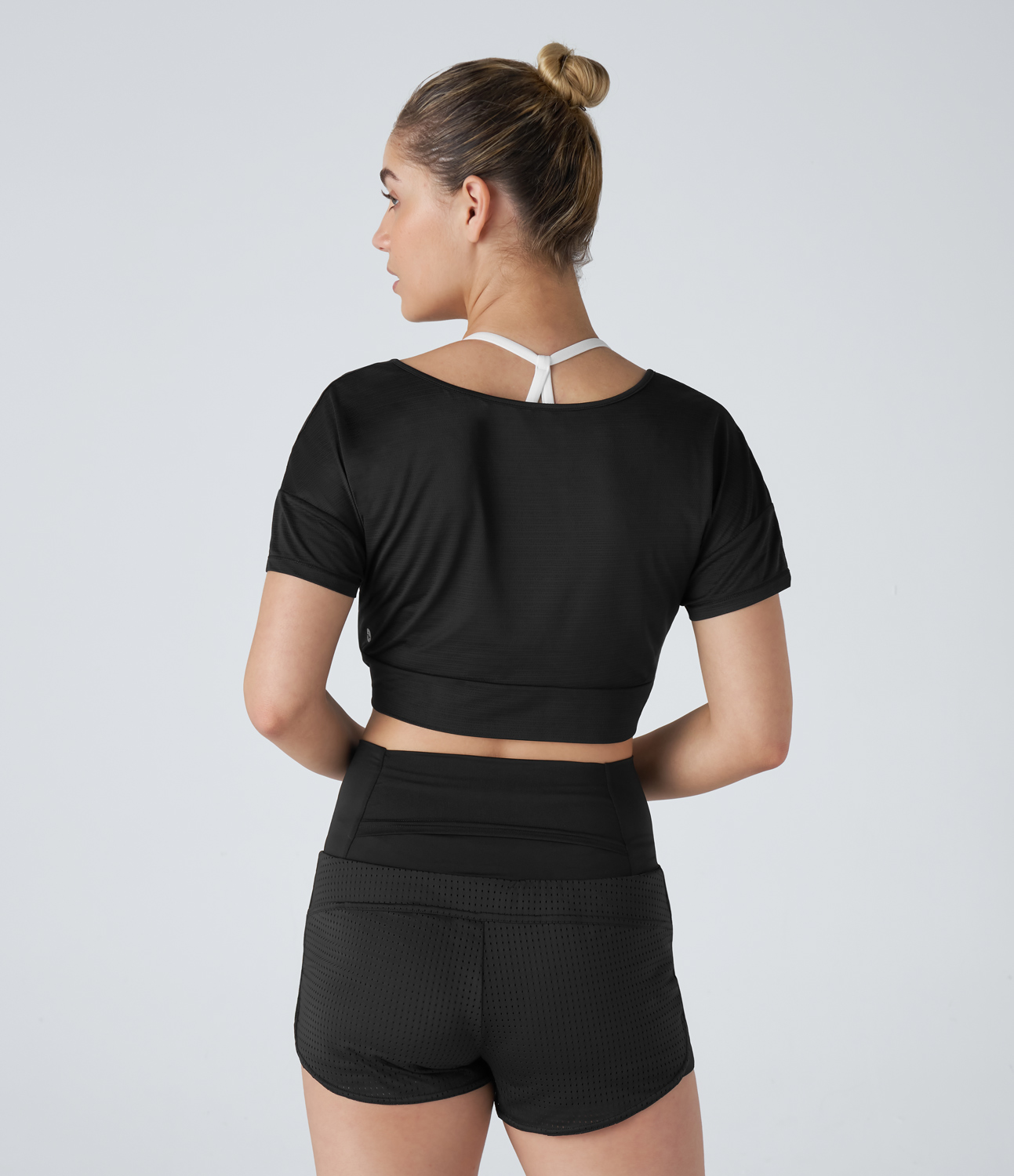 Halara Sheer V Neck Twisted Cropped Jacquard Yoga Sports Top  - Black - XL 