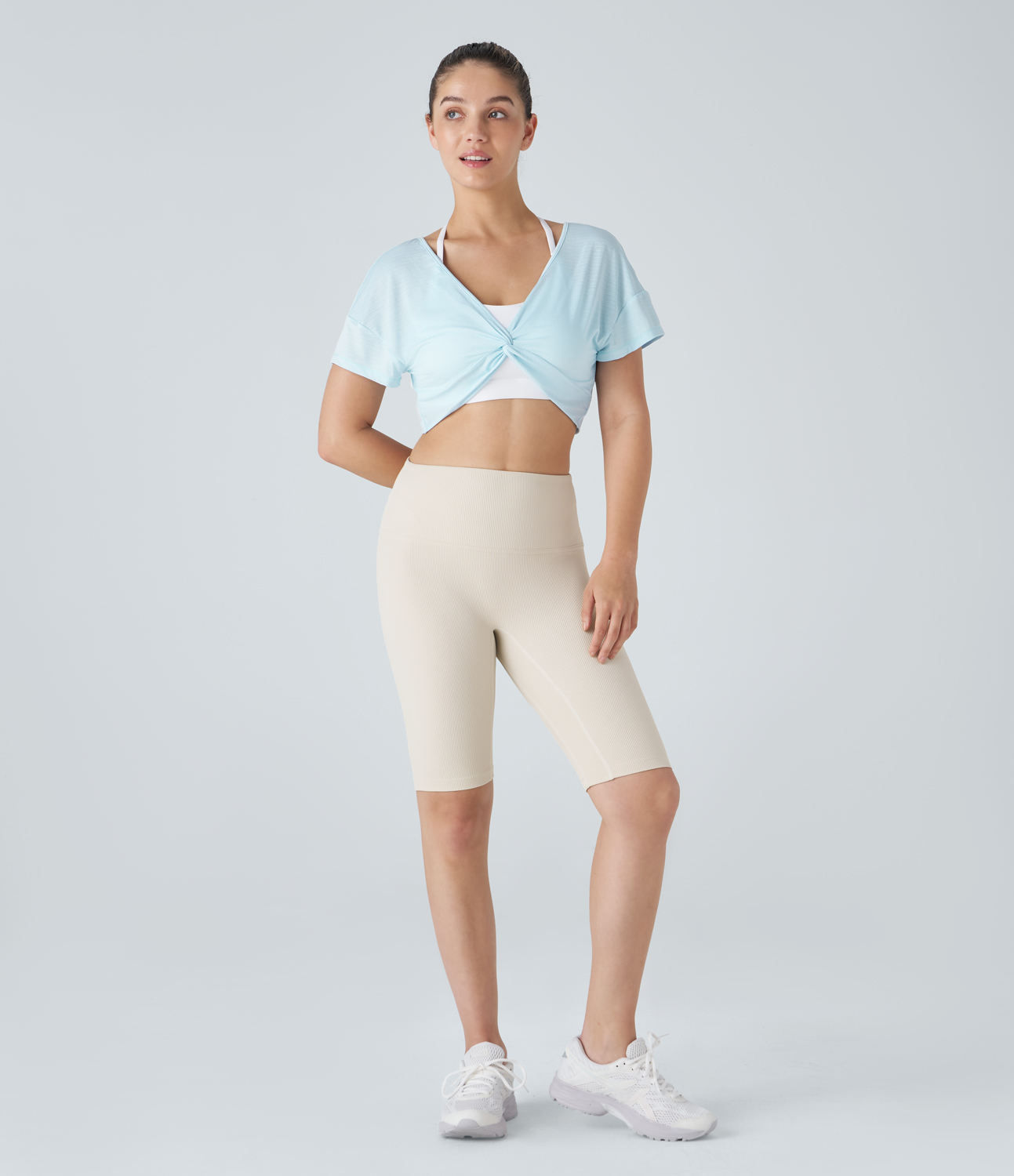 Halara Sheer V Neck Twisted Cropped Jacquard Yoga Sports Top  - Saltwater Slide - L 