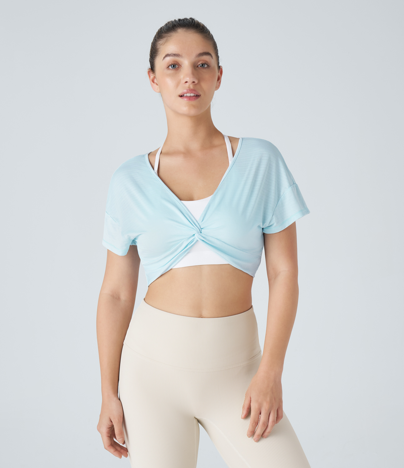 Halara Sheer V Neck Twisted Cropped Jacquard Yoga Sports Top  - Saltwater Slide - L 