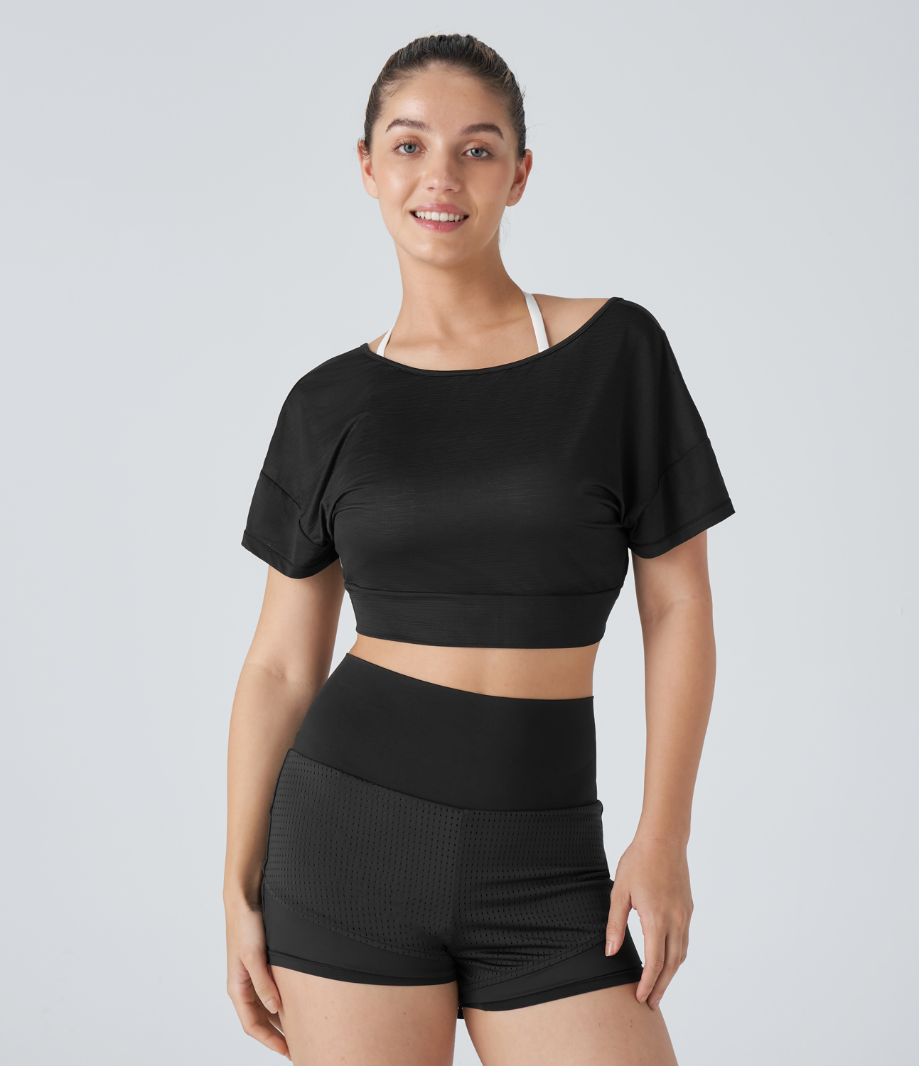 Halara Sheer V Neck Twisted Cropped Jacquard Yoga Sports Top  - Black - XL 