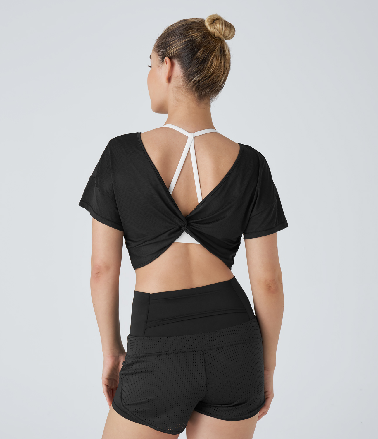 Halara Sheer V Neck Twisted Cropped Jacquard Yoga Sports Top  - Black - XL 