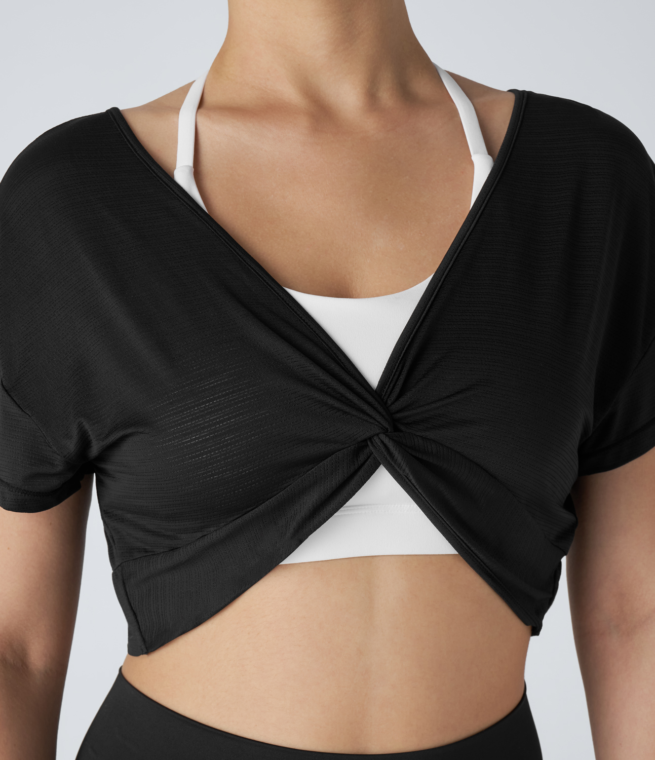 Halara Sheer V Neck Twisted Cropped Jacquard Yoga Sports Top  - Black - XL 