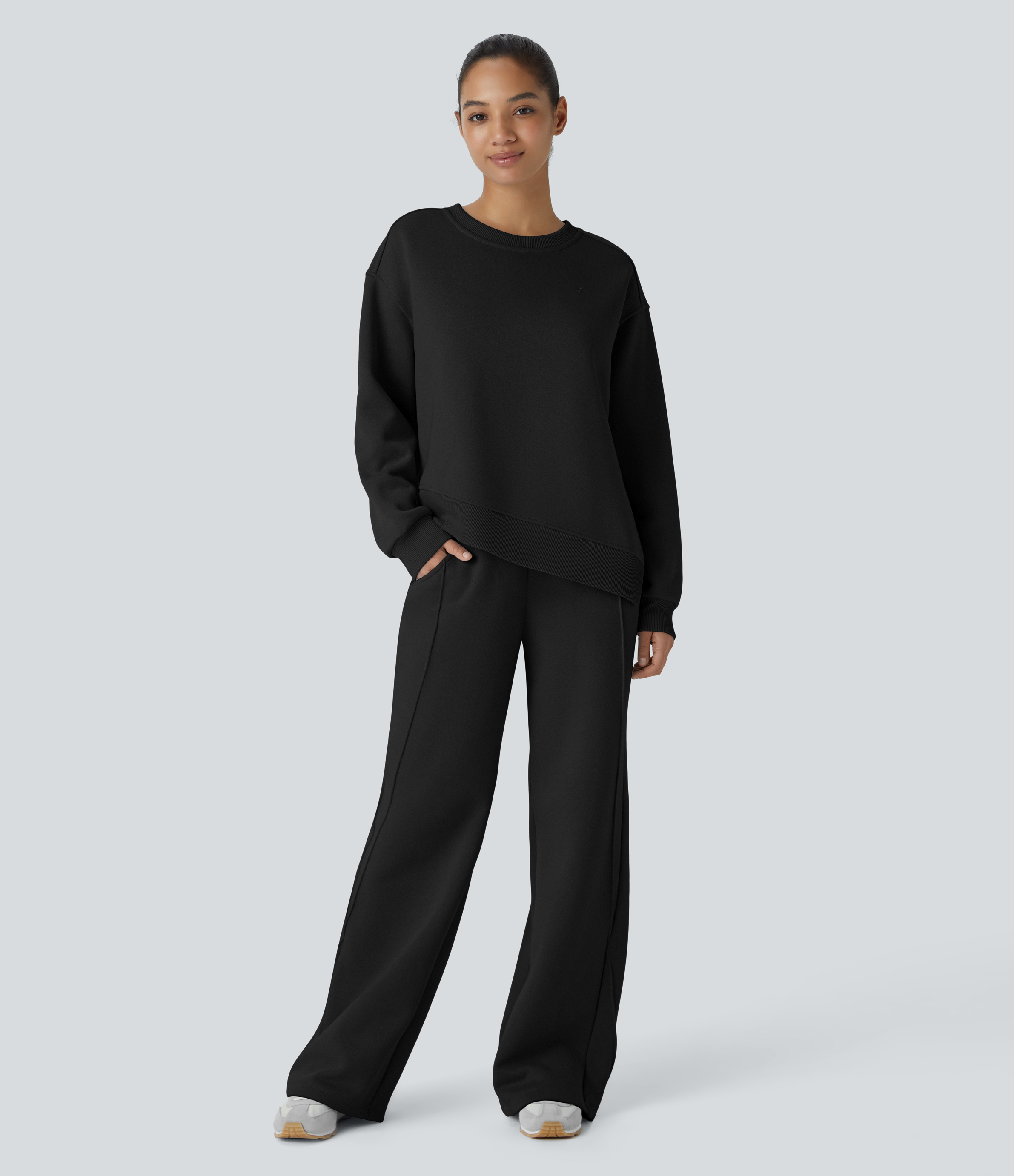 Halara Round Neck Dropped Shoulder Long Sleeve Split Hem Contrast Ribbed Embroidery Oversize Fleece Casual Sweatshirt  - Black - XL 