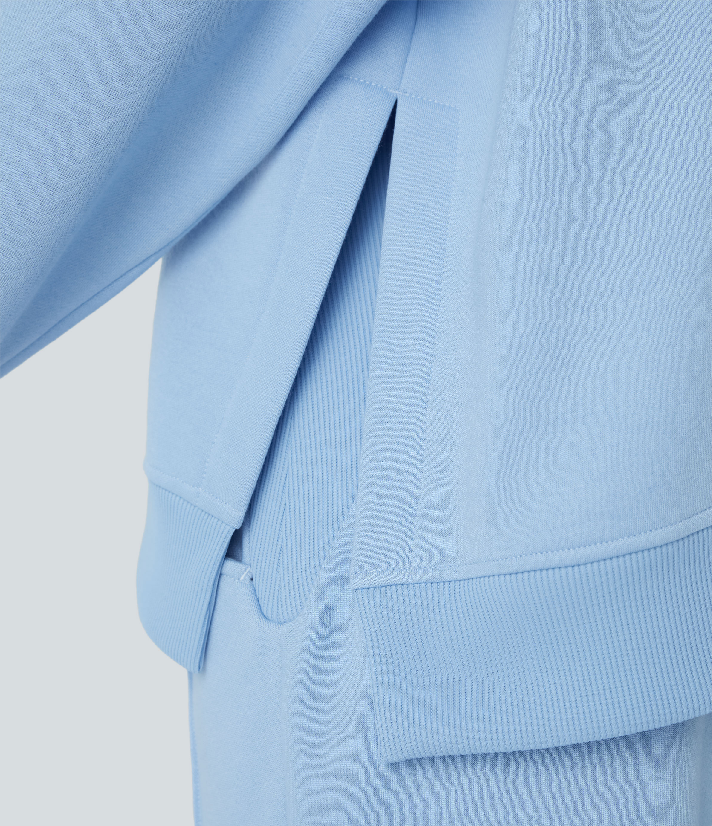 Halara Round Neck Dropped Shoulder Long Sleeve Split Hem Contrast Ribbed Embroidery Oversize Fleece Casual Sweatshirt  - Cool Ice Blue - L 